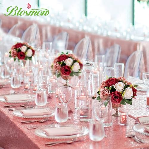 Miniatura 29 de BLOSMON Centros de mesa de flores para mesas de boda: 10 piezas de rosas artificiales rojas carmesí decoración de bolas - 9.5 pulgadas de seda falsa