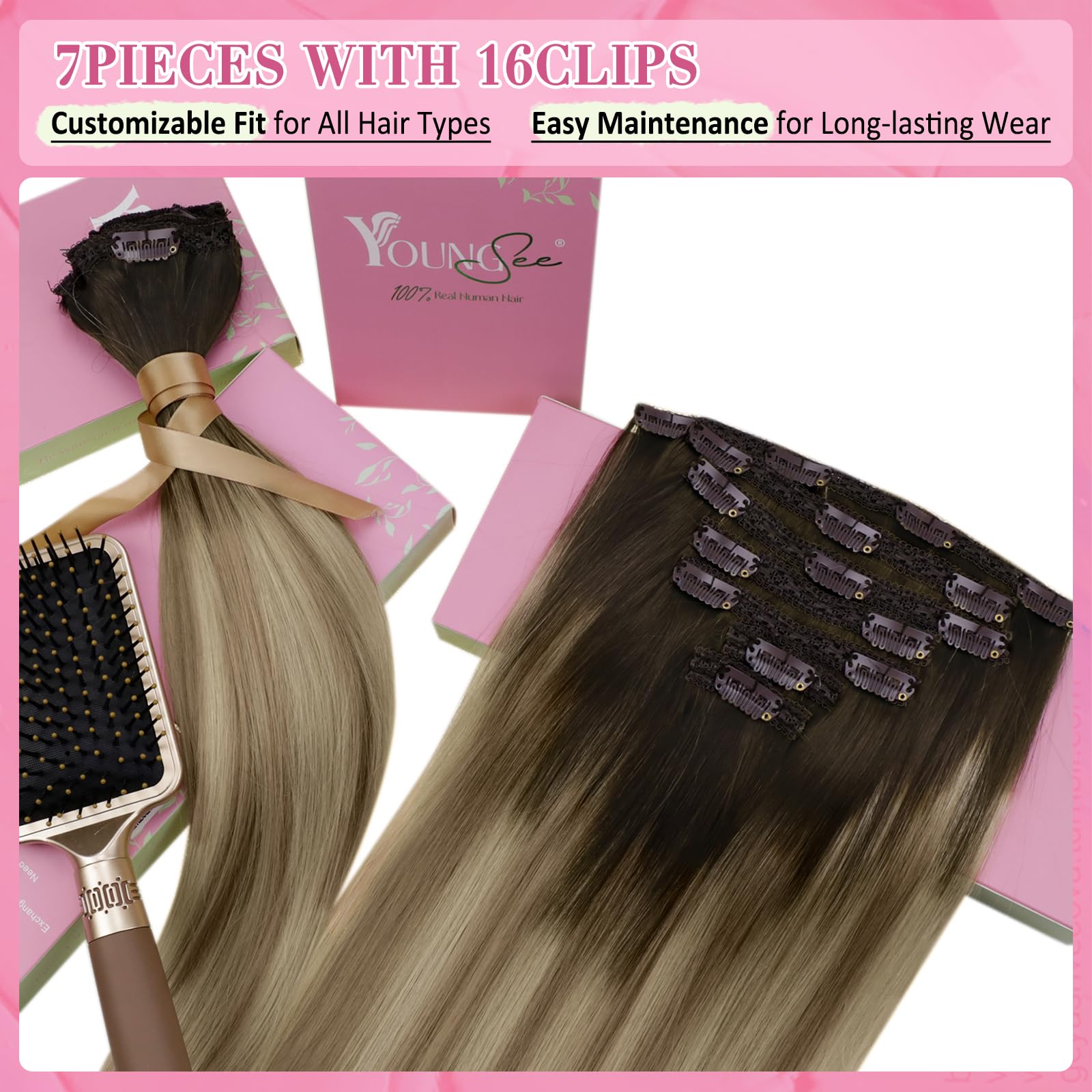 YoungSee Clip in Human Hair Extensions Ombre 18inch 120g Remy Human Hair Clip in Extensions Dark Brown Ombre Light Brown with Blonde Clip in Hair Extensions for Beginner Invisible 7 Separate Pieces - Image 3