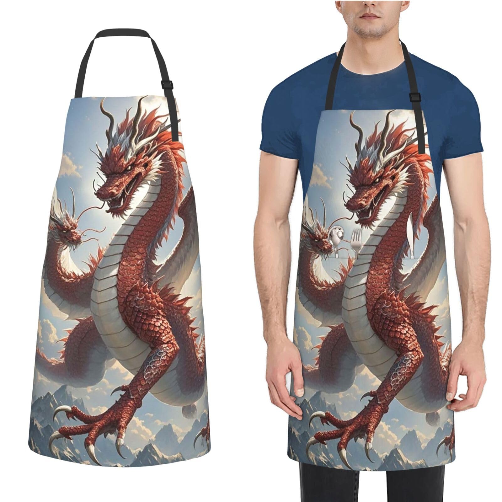Xopekvlawm Unisex Chinese Dragon Waterproof Apron Adjustable Bib Aprons With Pockets Apron Kitchen Aprons For Women Men