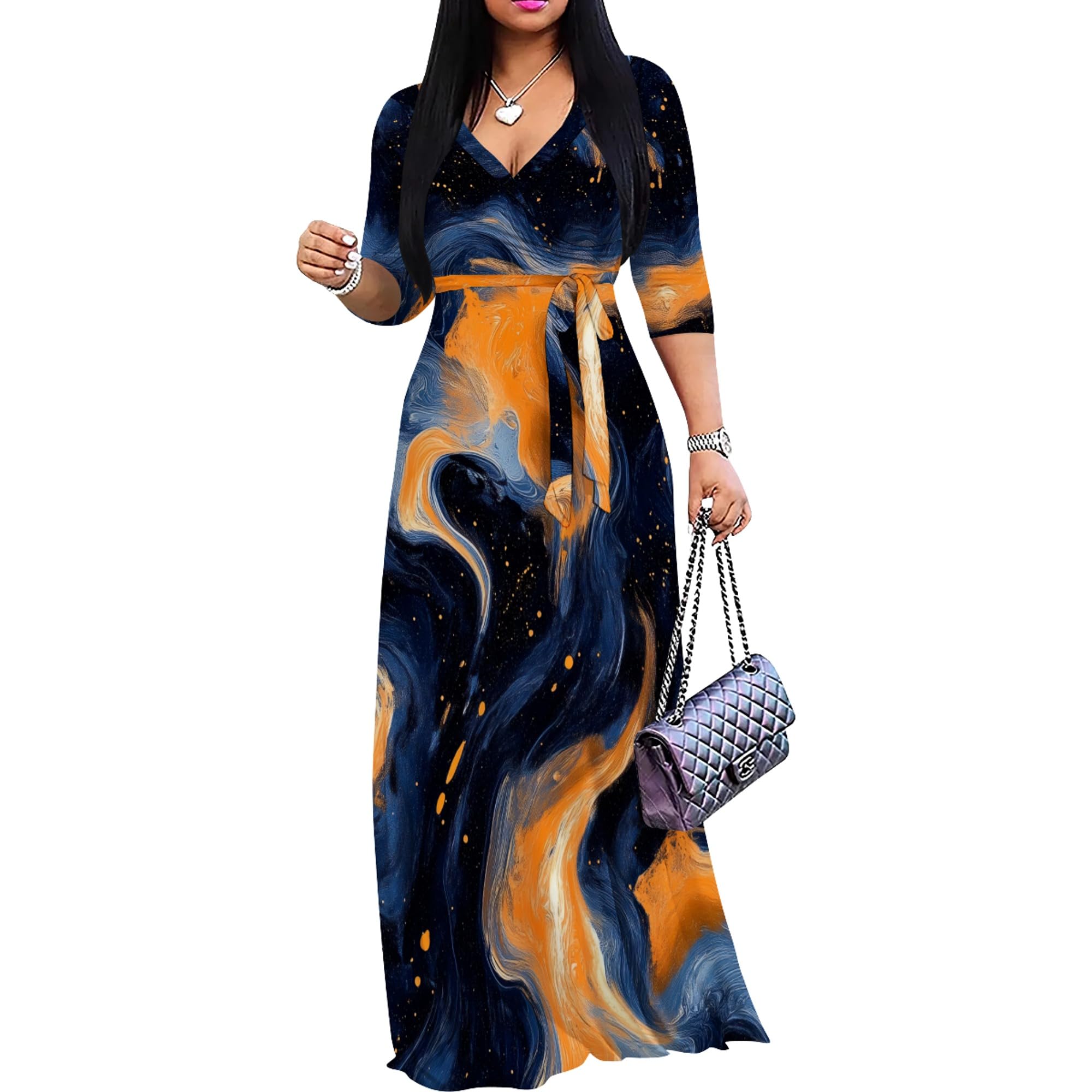 PinkPatty Women's Print Maxi Dresses 3/4 Sleeve Flowy Long Dress V Neck Wrap Tie Waist Sundress