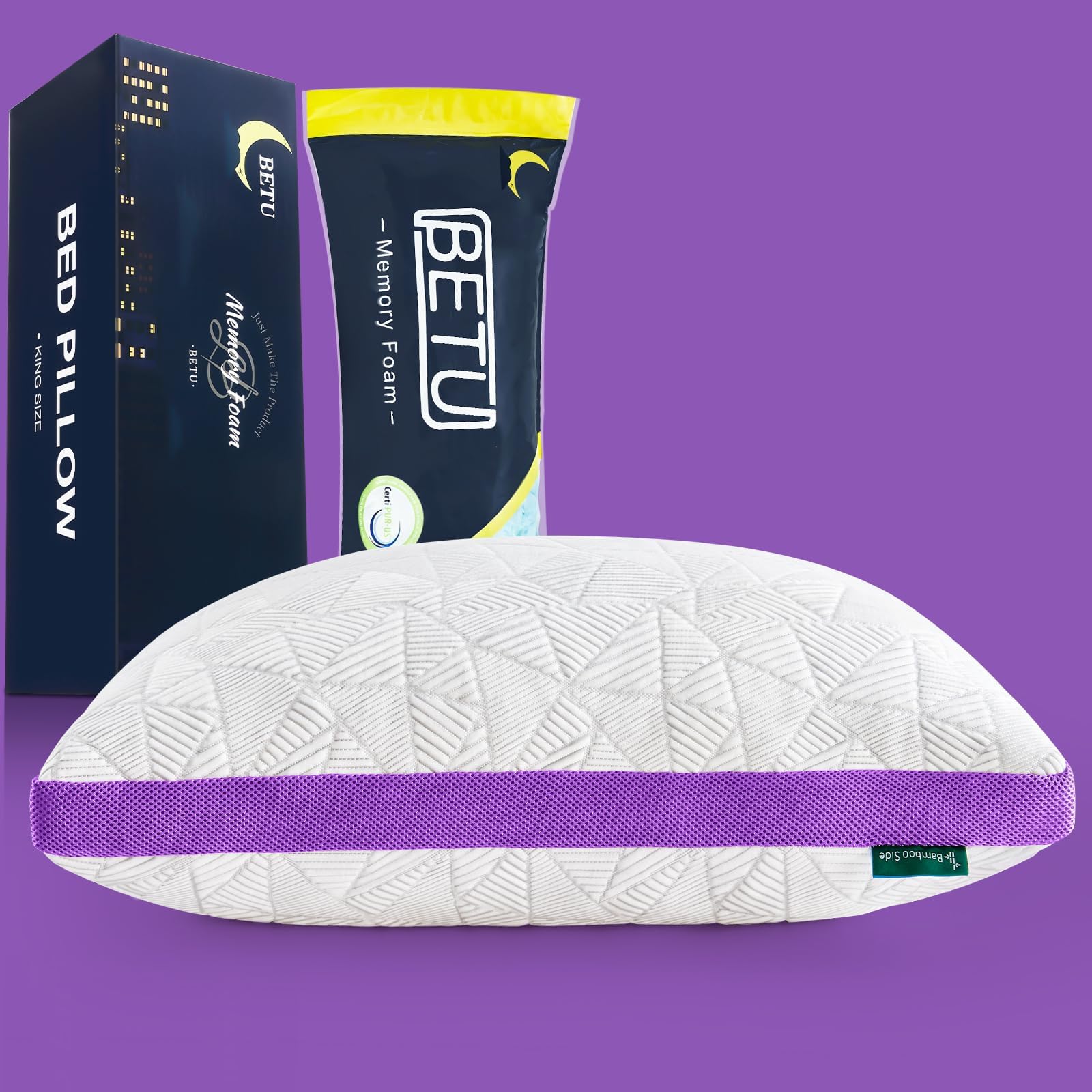 BETU Cooling Standard Pillow, Shredded Memory Foam Cool Pillow for Hot Sleepers, Adjustable Gel Firm Soft Support Bed Pillows Perfect for Neck Pain and Side Sleeping with Pillows Case Cover, Purple