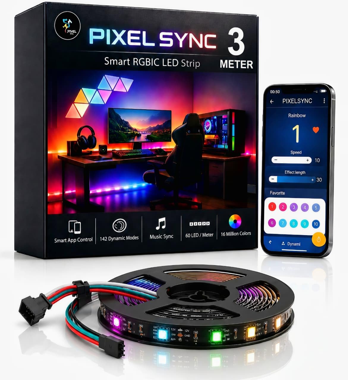Smart RGBIC LED Strip Light 3M, Bluetooth App Control, 60 LEDs/Meter, 142 Dynamic Modes, 18 Music Modes, Music Sync, (3METER, BT-APP Control)-image-2
