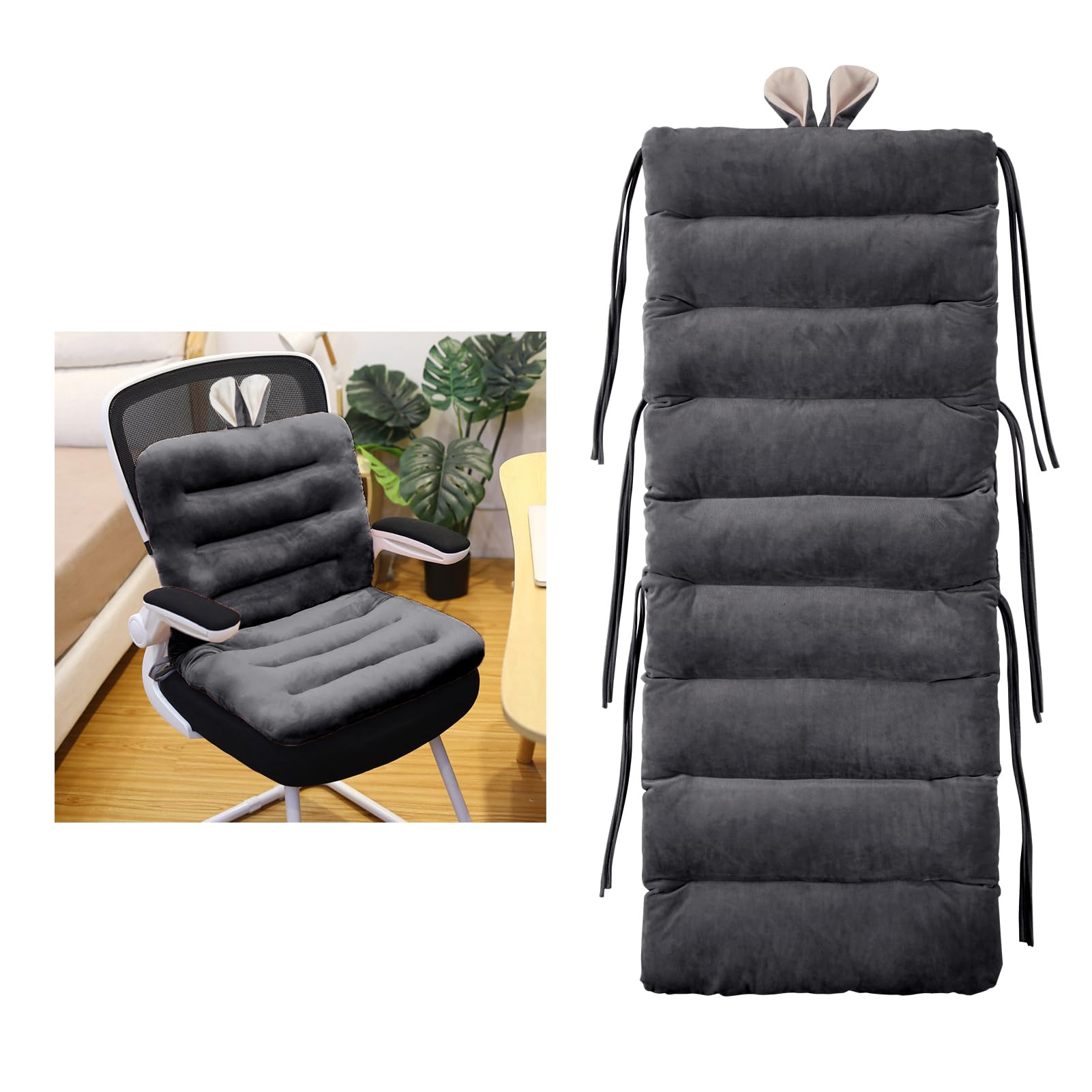 ELFJOY Desk Chair Cushion 100cm Office Chair Cushion Seat Cushion with Back Support Lounger Cushion with Fixing Ties (Dark Grey) 100×46cm