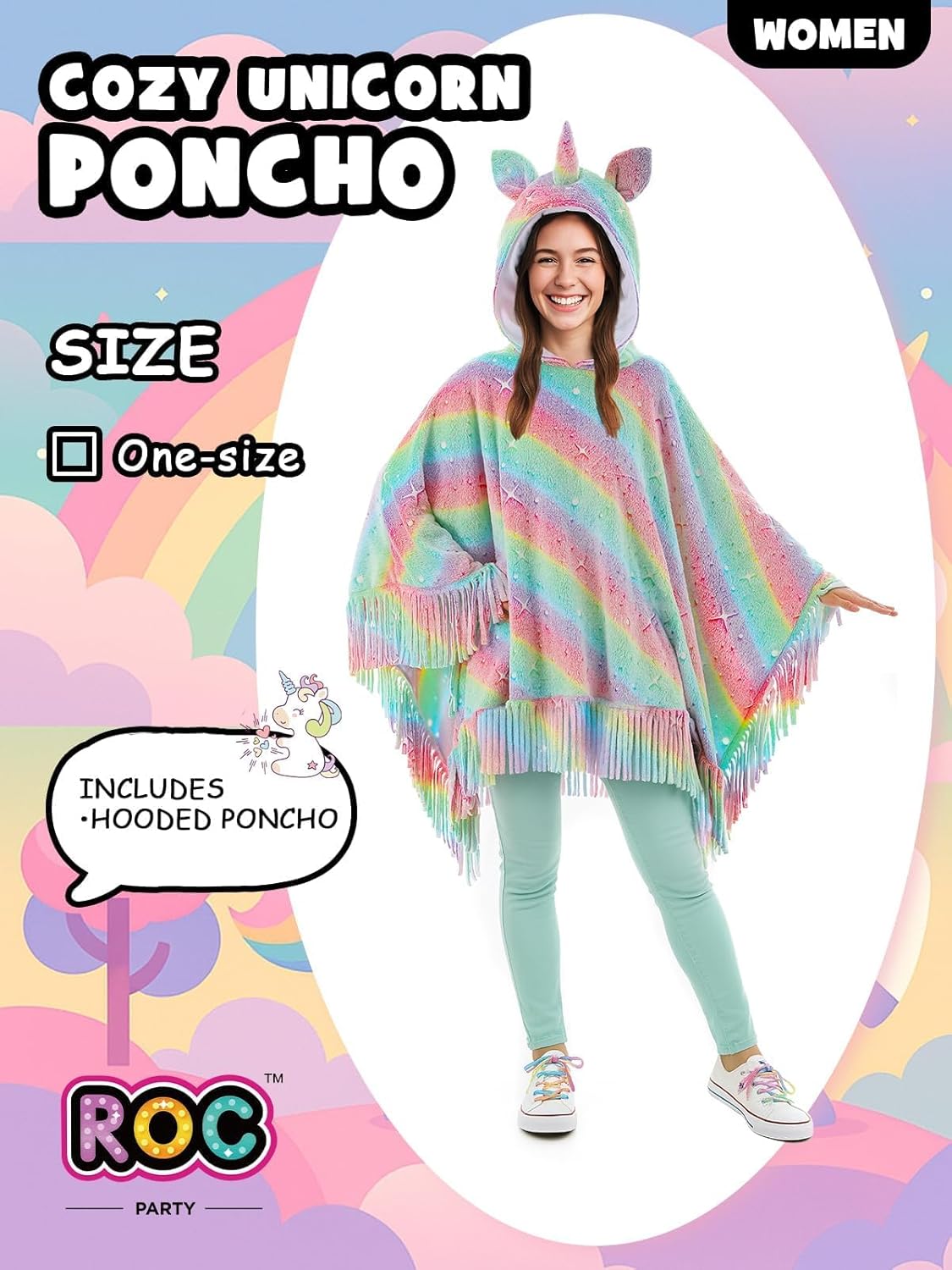 Unicorn Poncho for Women Christmas Costume Dress Up - Glow in the Dark Hooded Rainbow Cape with Fringe, One Size