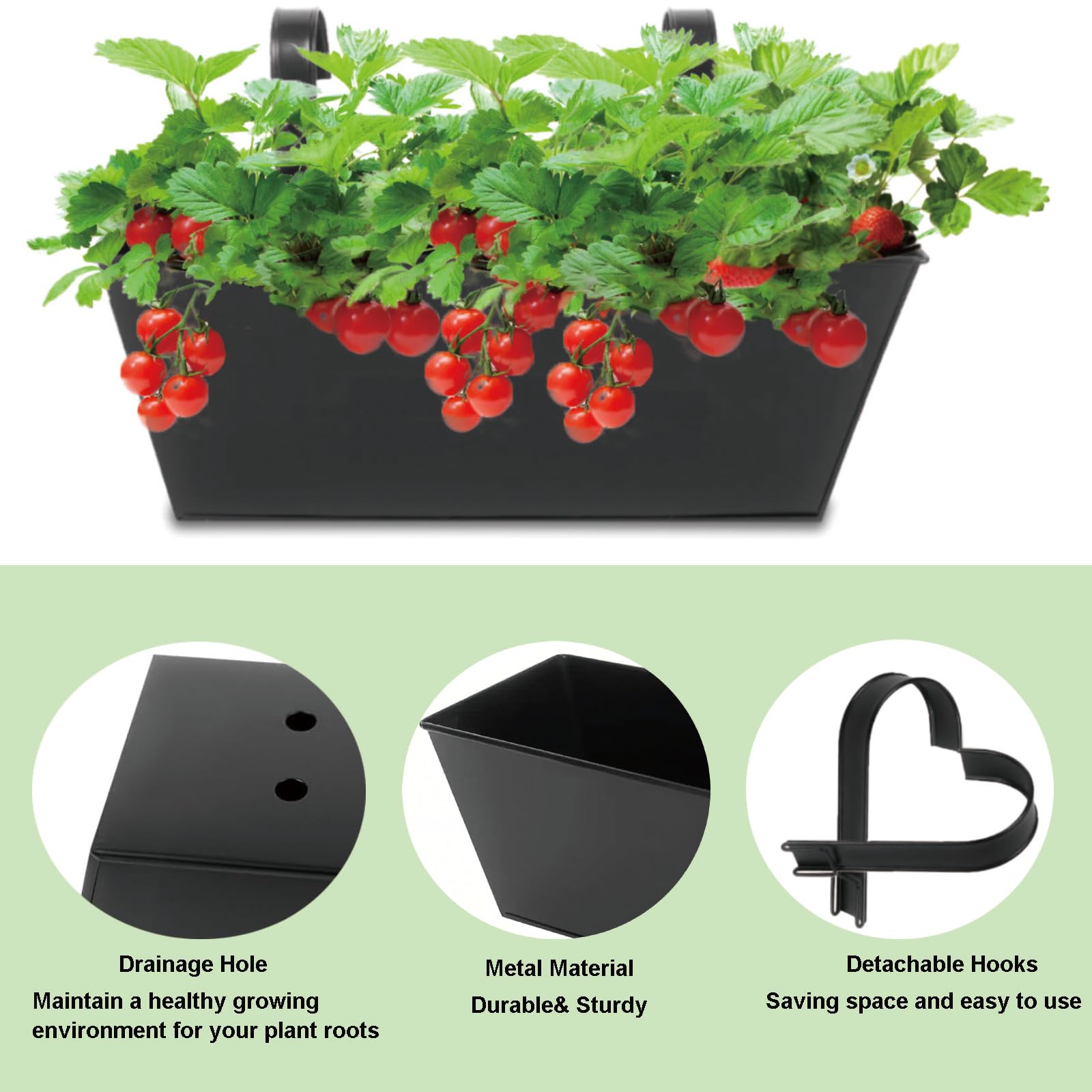 3 macetas colgantes grandes para barandilla o valla de 16 pulgadas para cualquier balcón, porche o terraza, estilo campestre, macetas perfectas para hierbas y flores para jardín (negro)