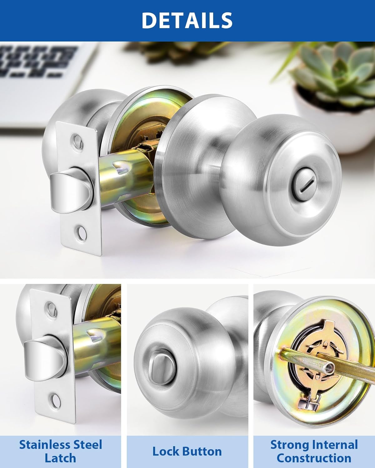 Lanwandeng 6 Pack Interior Door Knobs for Bedroom or Bathroom Keyless, Brushed Nickel Privacy Door Knob, Round Ball Bath/Bed Door Locks