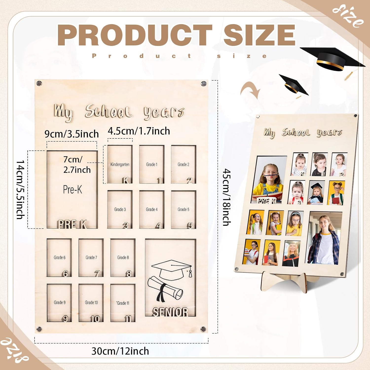 Qunclay DIY Pre-k to 12 Grade Photo Frame with 248 Letters and Numbers, Wooden School Years Picture Frame Gift K to 12th Grade, Kindergarten to Graduation Photo Collage for School Days Display