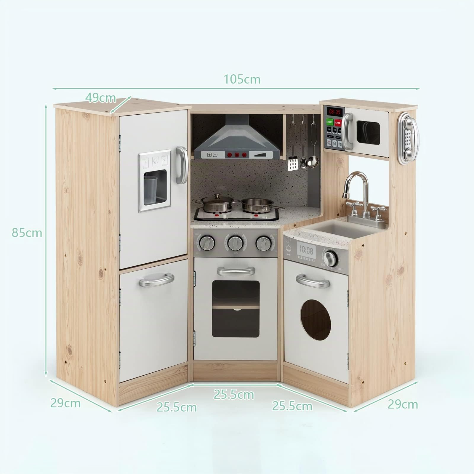 RELAX4LIFE Cucina Giocattolo per Bambini, Mini Cucina in Legno, Suoni e Luci Realistici, Cucina Giocattolo con Lavello, Fornelli, Microonde, Frigorifero, per Bambini 3+ Anni