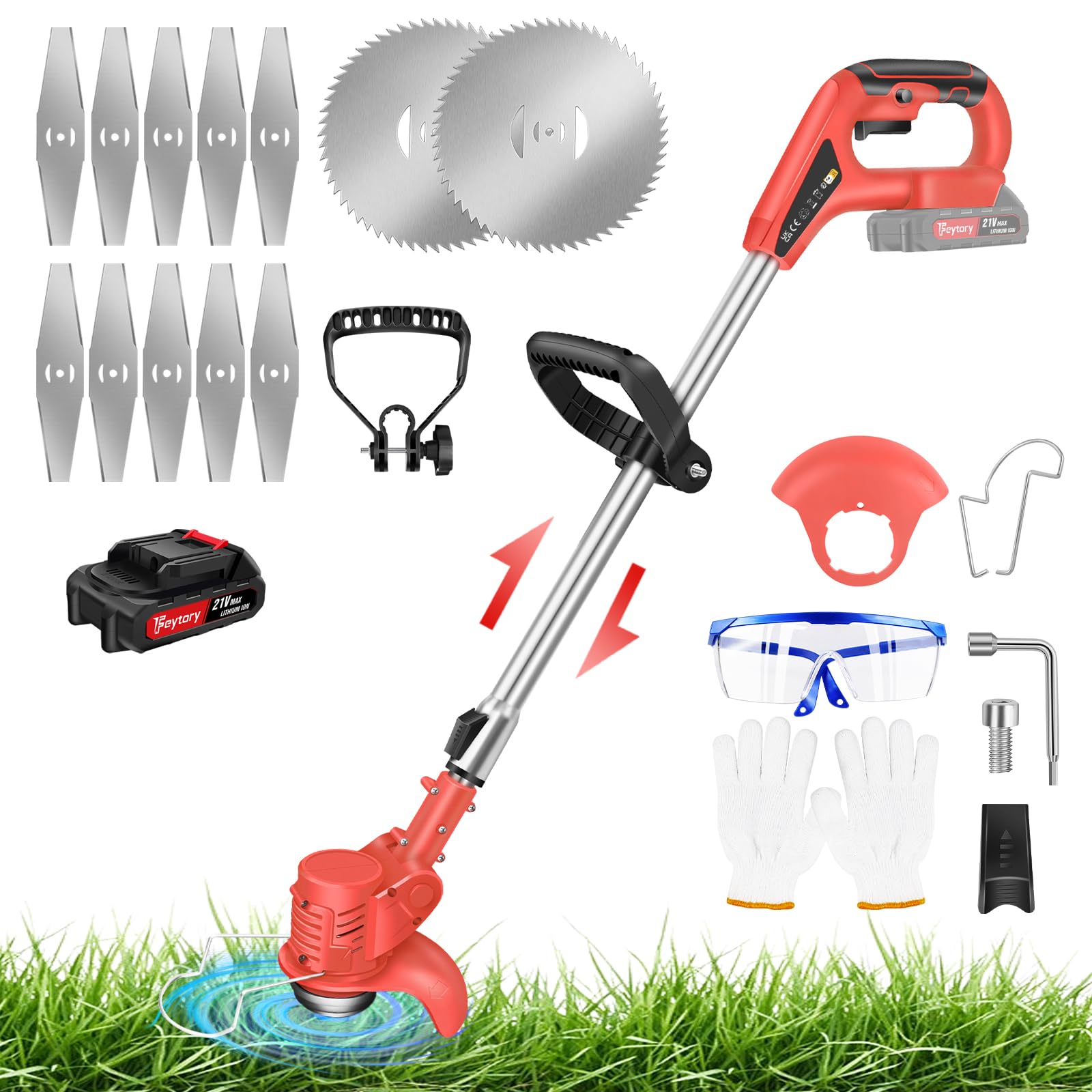 21V Cordless Strimmer, Telescopic Lightweight Grass Trimmer with 12 Blades & 1.5Ah Battery, 90° Head Rotation, Metal Blade Strimmer, Electric Garden Strimmer Grass Cutter for Lawn Edger Pruning Weed