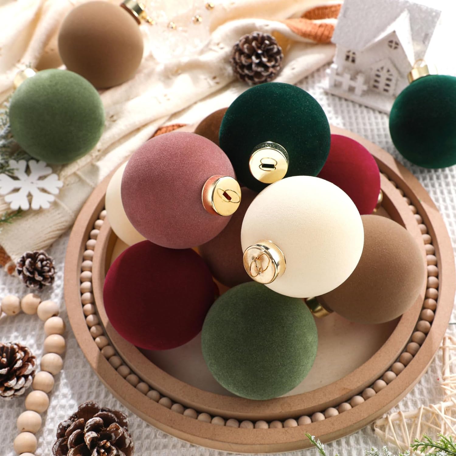 15 Pcs Velvet Christmas Ball Ornaments 3.15 Inch Flocked Christmas Tree Decorations with 10 Yards Velvet Ribbon Red Green Brown Pink Cream Shatterproof Xmas Baubles for Tree Holiday Decor