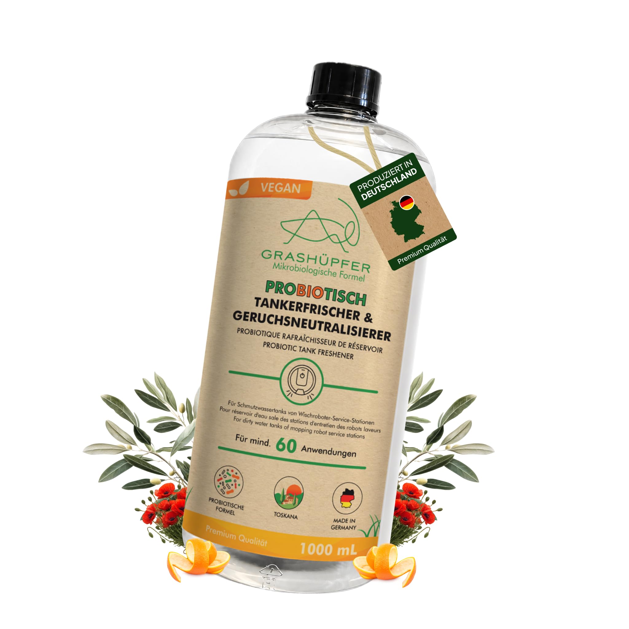 GRASHÜPFER® Tank Freshener for Mop Robot Dirty Water Tanks [Probiotic] - Odour Remover for Roborock, Dreame, Ecovacs & Mova [Tuscany] - 1 L