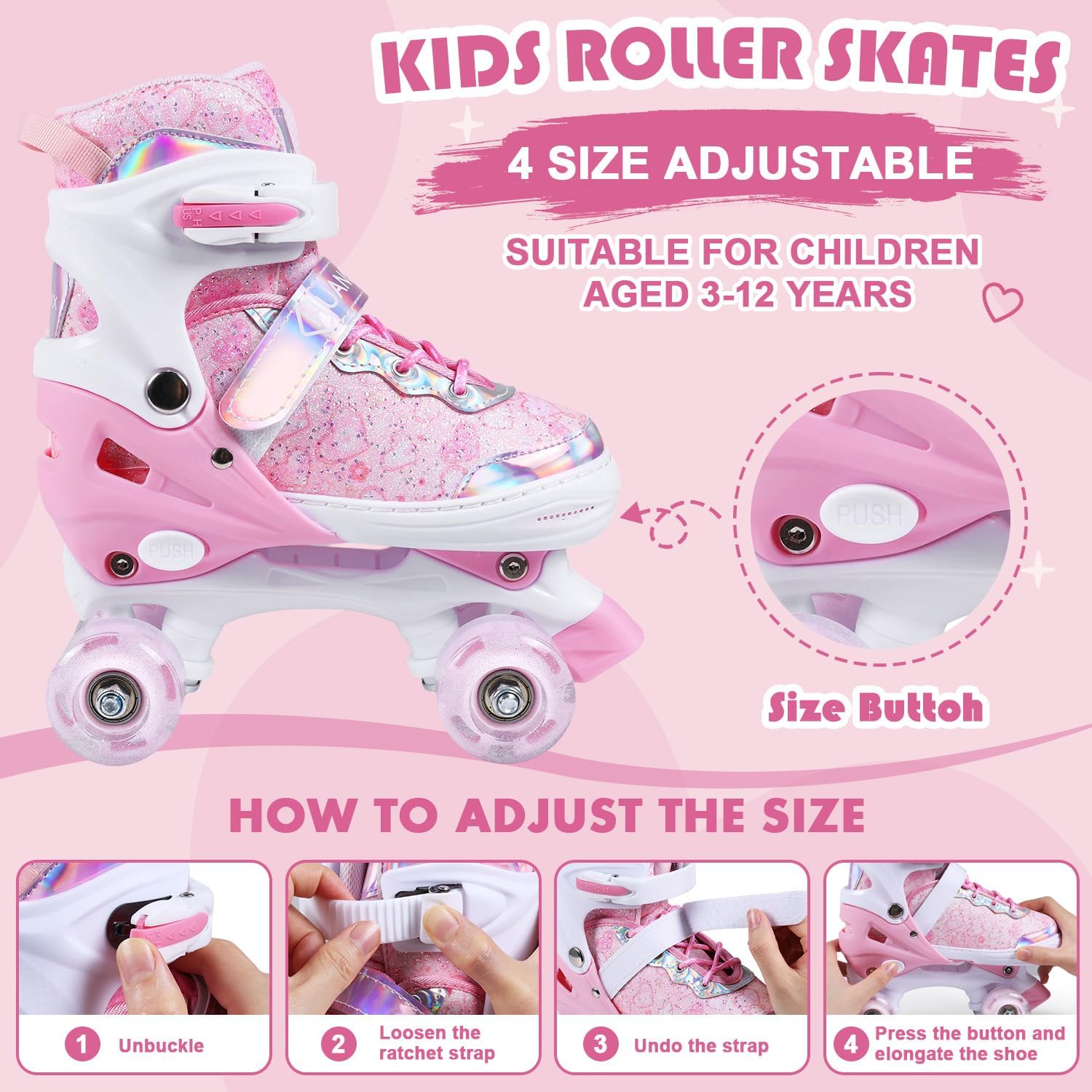 Roller Skates for Kids, 4 Size Adjustable Rollerskates with Light Up Wheels, 10C to 6 Beginner Youth Roller Skates for Girls Boys Toddlers Indoor Outdoor - Image 2