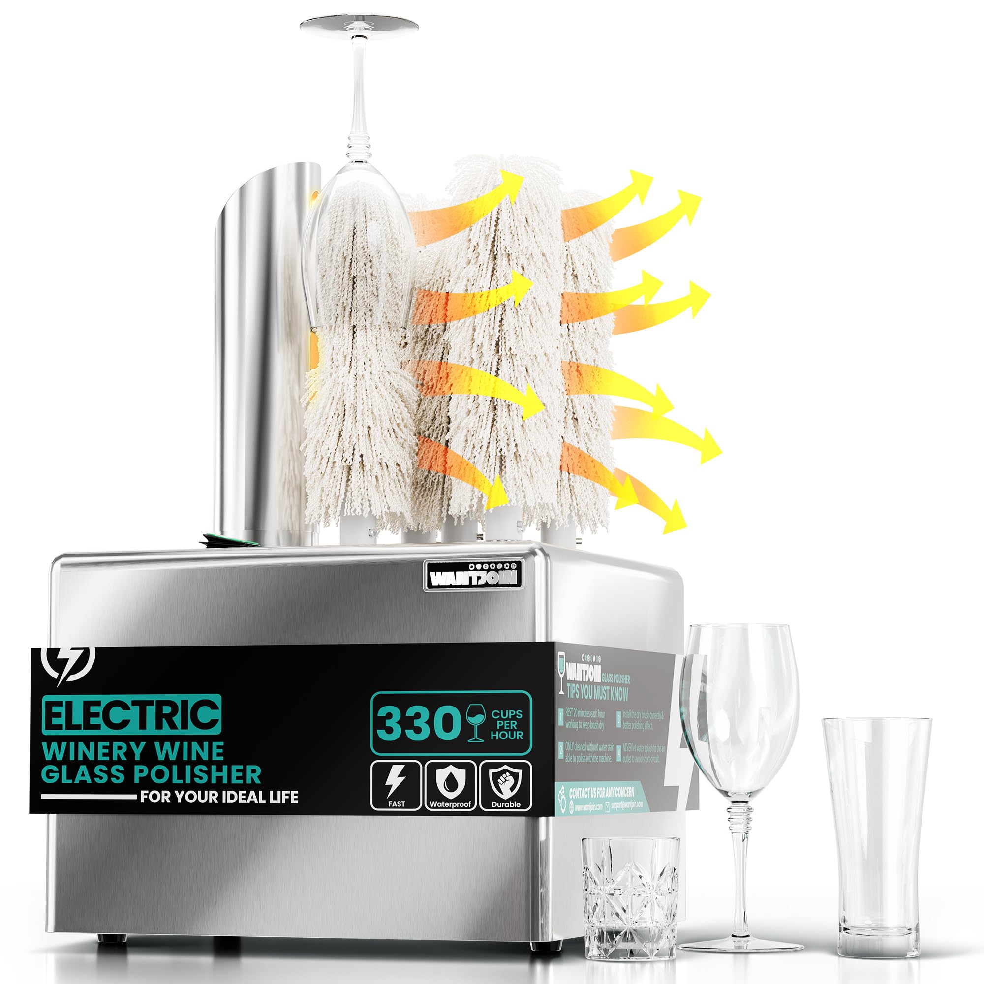 WantJoin Wine Glass Polisher Machine - 5 Brushes 330 Cups/Hour Commercial Electric Automatic Dryer with 304 Stainless Steel, 100% Cotton, 1200W High Power, 136°F Air Drying for Bar Restaurant Kitchen