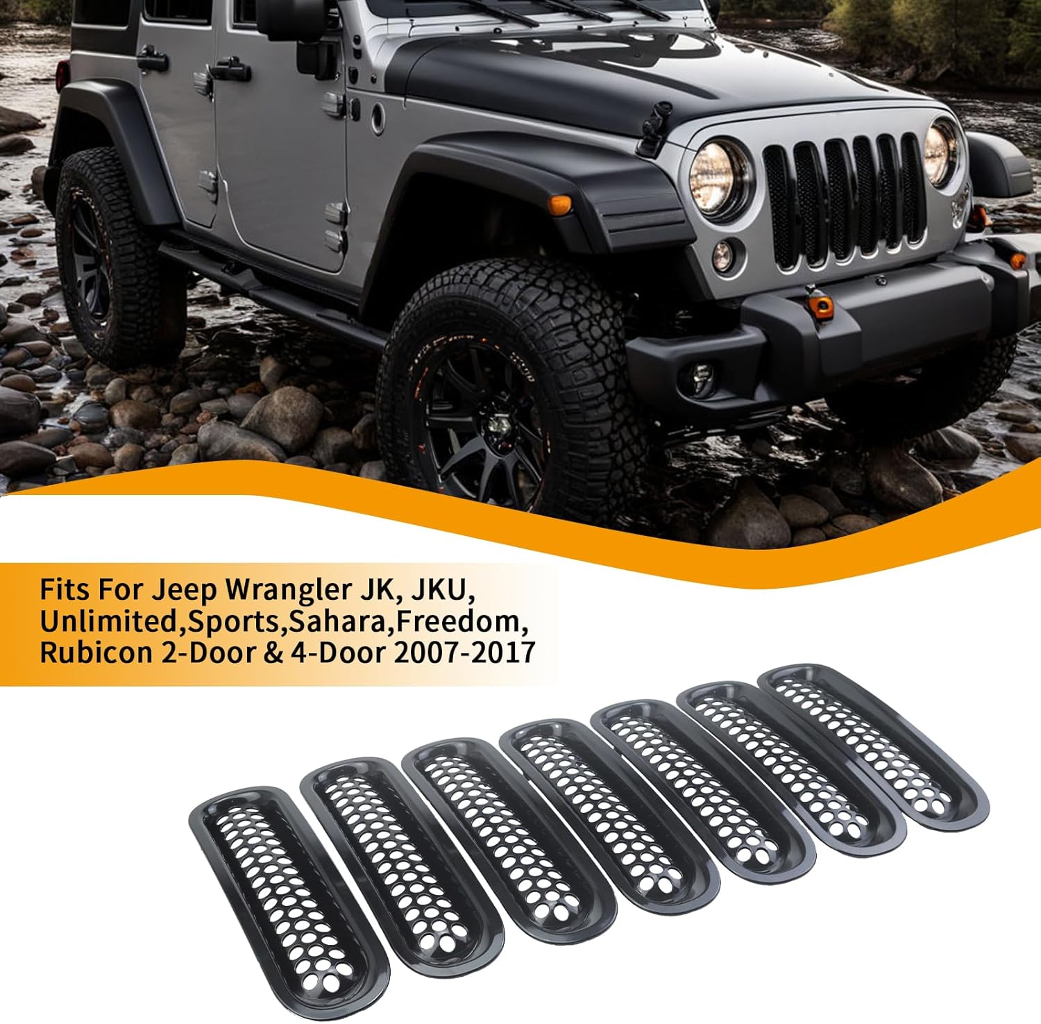7PCS Grille inserts Black Fits For Jeep Wrangler JK, JKU, Unlimited, Sports, Sahara, Freedom, Rubicon 2-Door & 4-Door 2007 2008 2009 2010 2011 2012 2013 2014 2015 2016 2017
