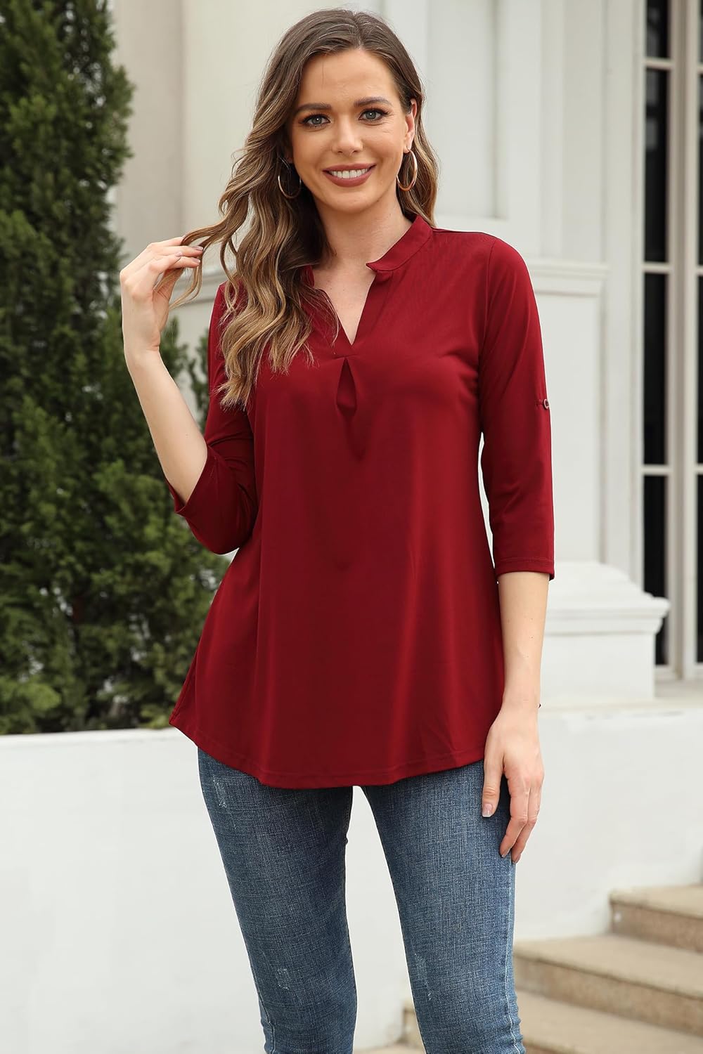 Ninedaily Womens Tops Dressy Casual 3/4 Sleeve V Neck Chiffon Shirt Work Blouses - Image 3