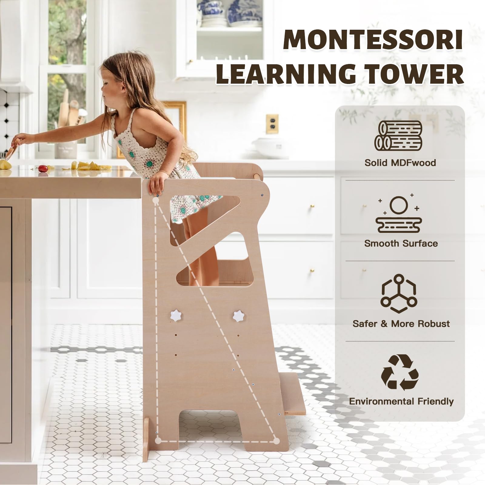 Labebe Tour d'apprentissage pour Enfants, Montessori avec Toboggan Tour d Observation, 4 en 1 Multifonctionnelle Tour d'apprentissage à Hauteur réglable pour Enfants
