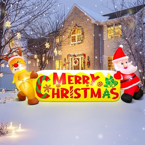 KOOY Reno inflable de Papá Noel de 10 pies con pancarta de Feliz Navidad, decoración inflable de Navidad, decoración de patio, luz LED para fiestas,