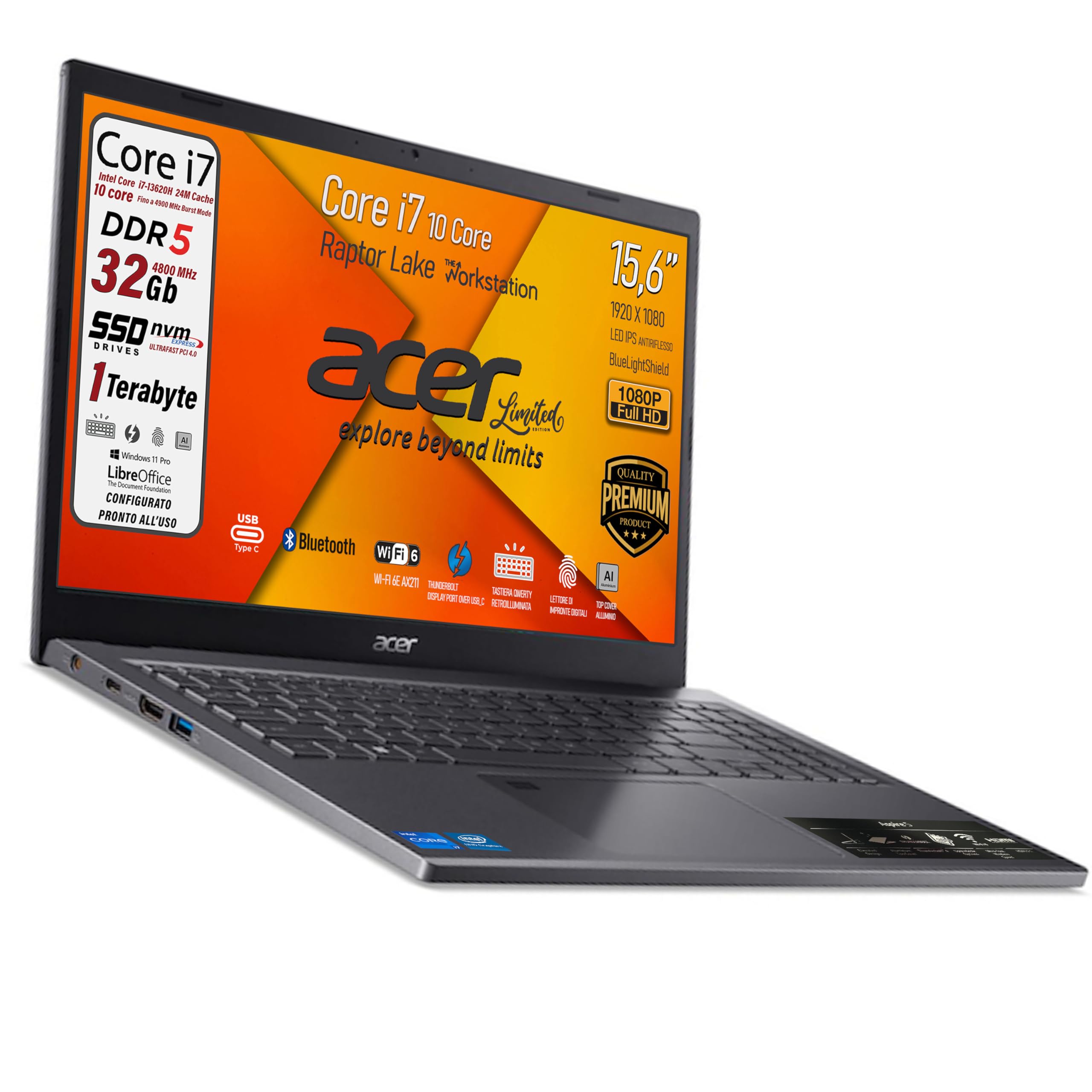 acer, Notebook Intel Core i7-13620H, Raptor Lake, Ram DDR5 32Gb, SSD Pcie 1Tb, Display 15,6" FHD IPS BlueLightShiled, Tastiera retroilluminata, fingerprint, thunderbolt, Win 11Pro, pronto all'uso