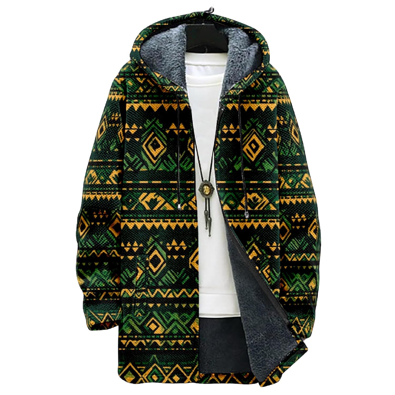 Mens Aztec Print Hoodie Heavyweight Cotton Fleece Jacket Zip Up Warm Long Sleeve Hooded Winter Midi Coat
