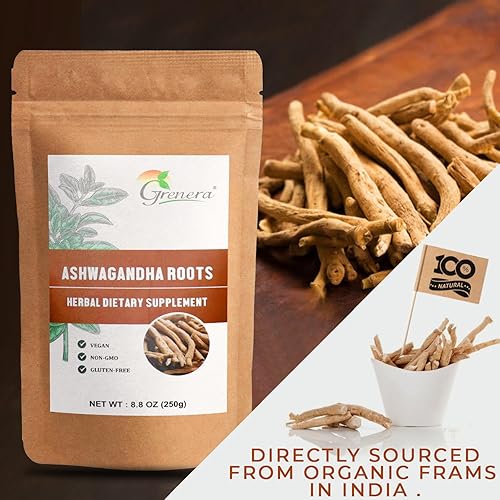 Miniatura 6 de Grenera Raíz de Ashwagandha entera 8.8 onzas (8.82 oz), cultivada orgánicamente, perfecta para hacer té, polvo, Withania Somnifera cortada y