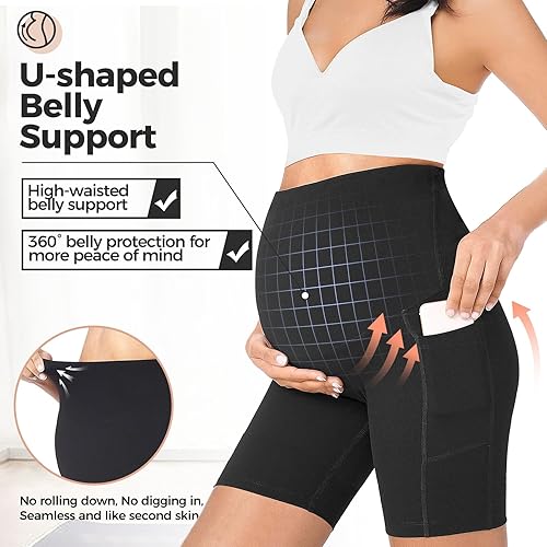 Miniatura 2 de Buauty Pantalones cortos de maternidad para mujer con bolsillos sobre el vientre, yoga, correr, atletismo, embarazo, pantalones cortos de descanso,