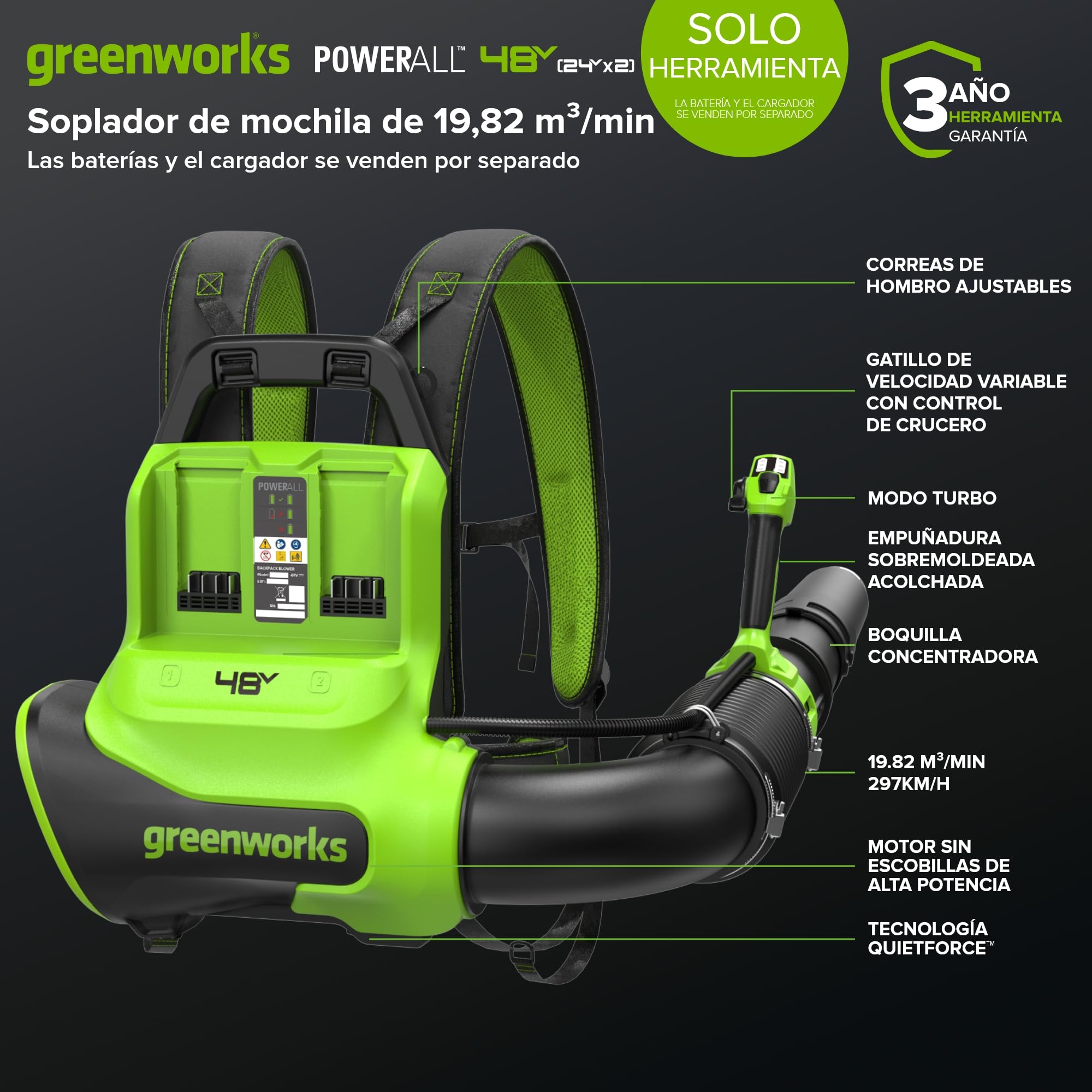 Greenworks Soplador de Mochila 48V (24V x 2), Motor Sin Escobillas, 19,82 m³/min, 297 km/h, Tecnología QUIETFORCE – Sin Batería ni Cargador BL48020A1