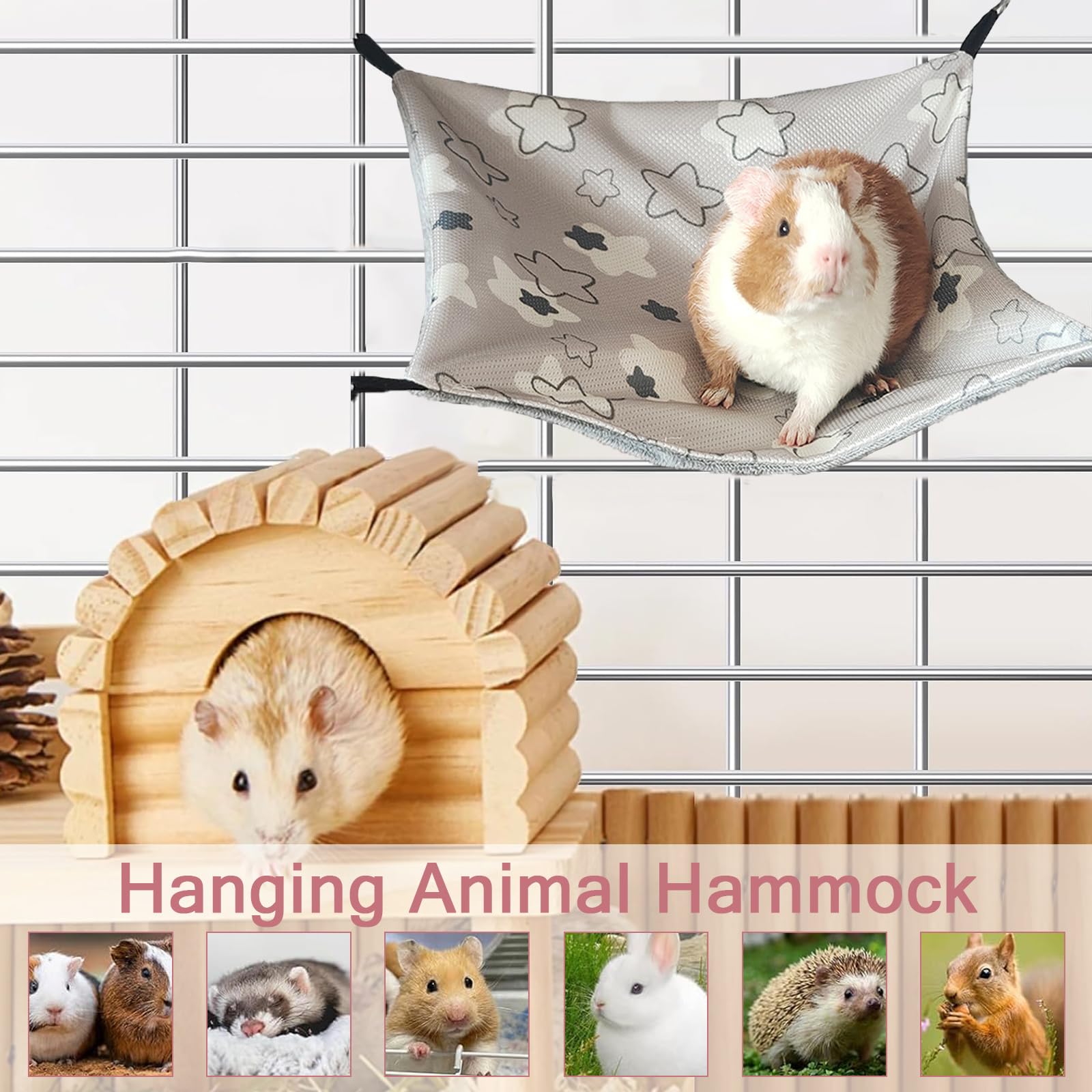 Hamac Świnki Morskiej z Jedwabiem Lśniącym 34 x 34 cm Klatka dla Świnki Morskiej Gwiazda z Indii Regulowana Zabawka dla Królików Karzeł Klatka dla Chomika Huśtawka Dwustronna dla Królika i