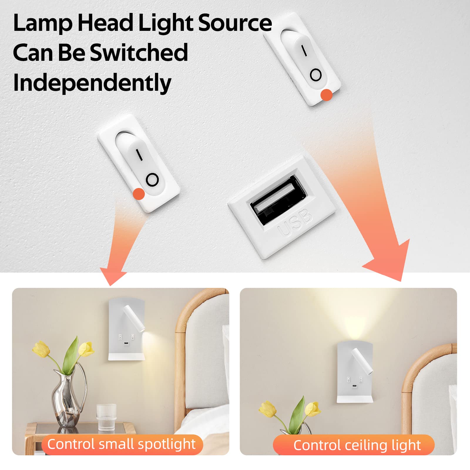 2Pcs Applique LED da Parete Interno, Applique da Parete LED con interruttore e ricarica USB, 12W Luce Caldo 3000k Luce da Lettura Comodino, Lampada LED Moderno per Camera da letto Soggiorno Bagno (D)