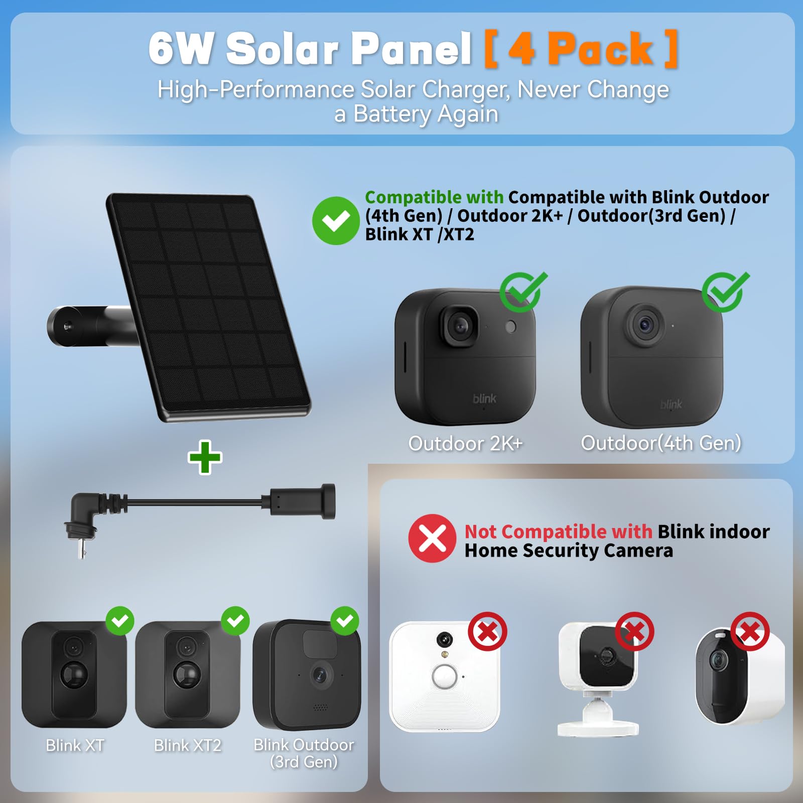 Panel słoneczny 6 W do kamery Blink, wysokowydajne monokrystaliczne silikonowe panele słoneczne kompatybilne z Blink Outdoor 2K+, 4 (4. generacji)/(3. generacji)/XT3, XT2/XT, IP66 odporny na działanie