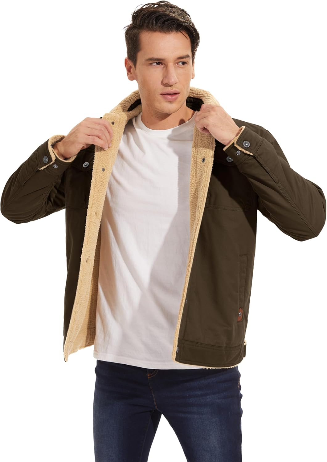 MAGCOMSEN Men's Winter Jacket Lined Sherpa Jacket Warm Trucker Coat Multi Pocket - Image 2