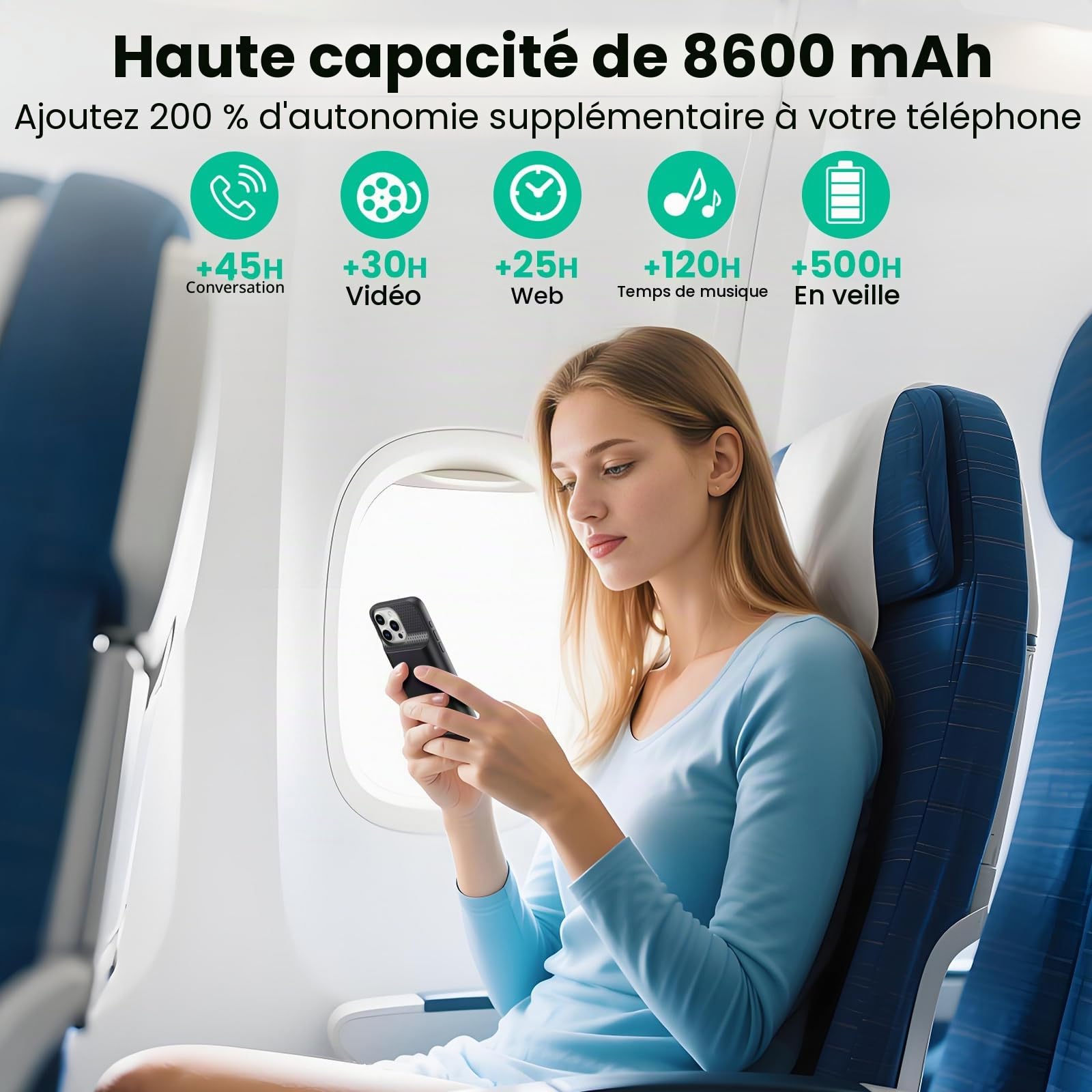 Feob Coque Batterie pour iPhone 16 Pro Max, Puissant 8600mAh 15W Coque Rechargeable Batterie Externe avec écran de Protection en Verre Trempé Chargeur Portable pour iPhone 16 Pro Max(6,9") (A-Noir)