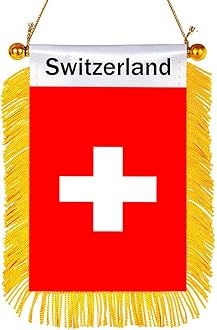 WXTWK 3 X 5 Inch Switzerland Flag Swiss Window Hanging Flag Small Mini Car Flags Banners Rearview Mirror Decoration With Suction Cup Golden Fringy Banner