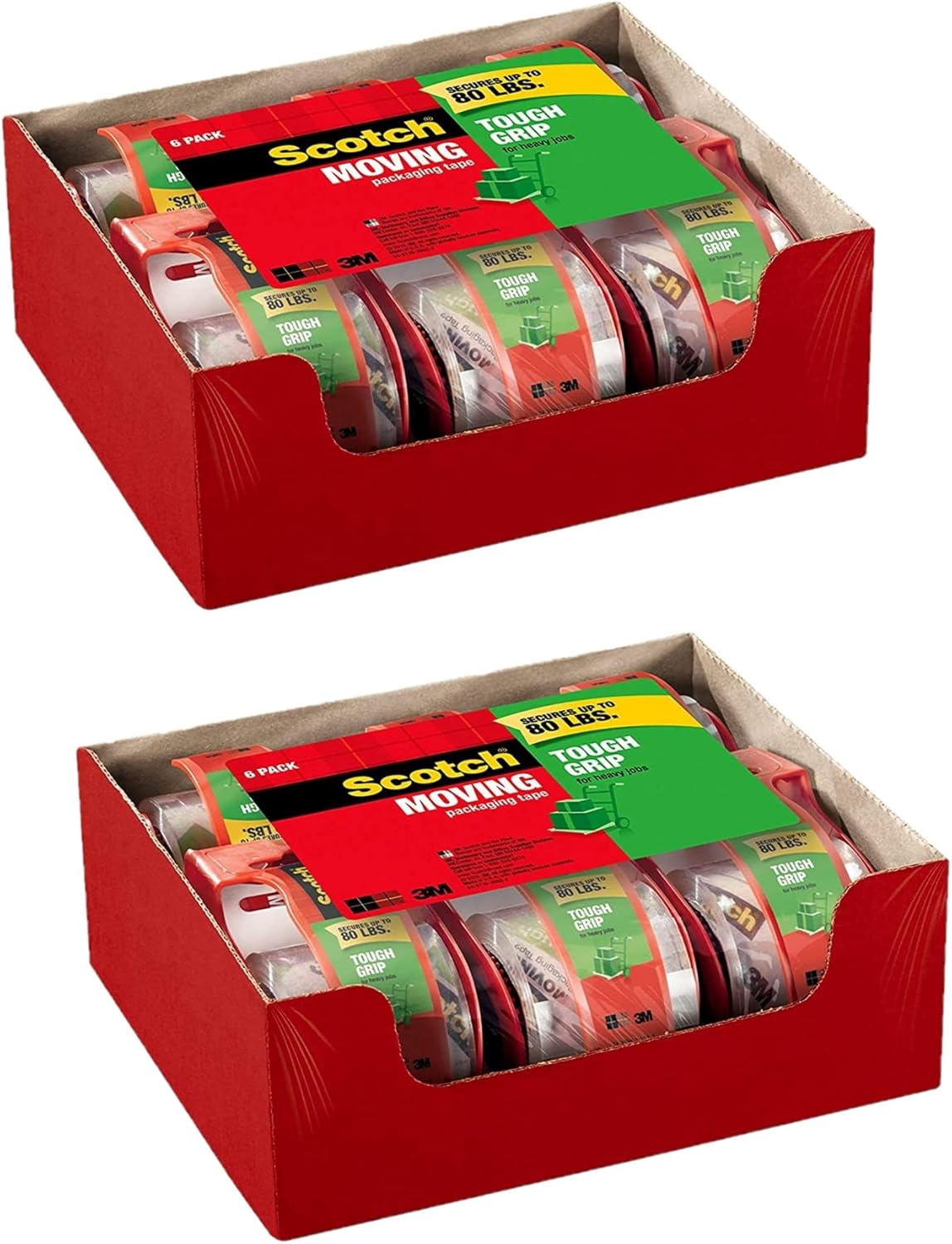 Scotch Tough Grip Clear Packing Tape, 1.88x22.2 Yd, 6 Rolls w/Dispensers (2)