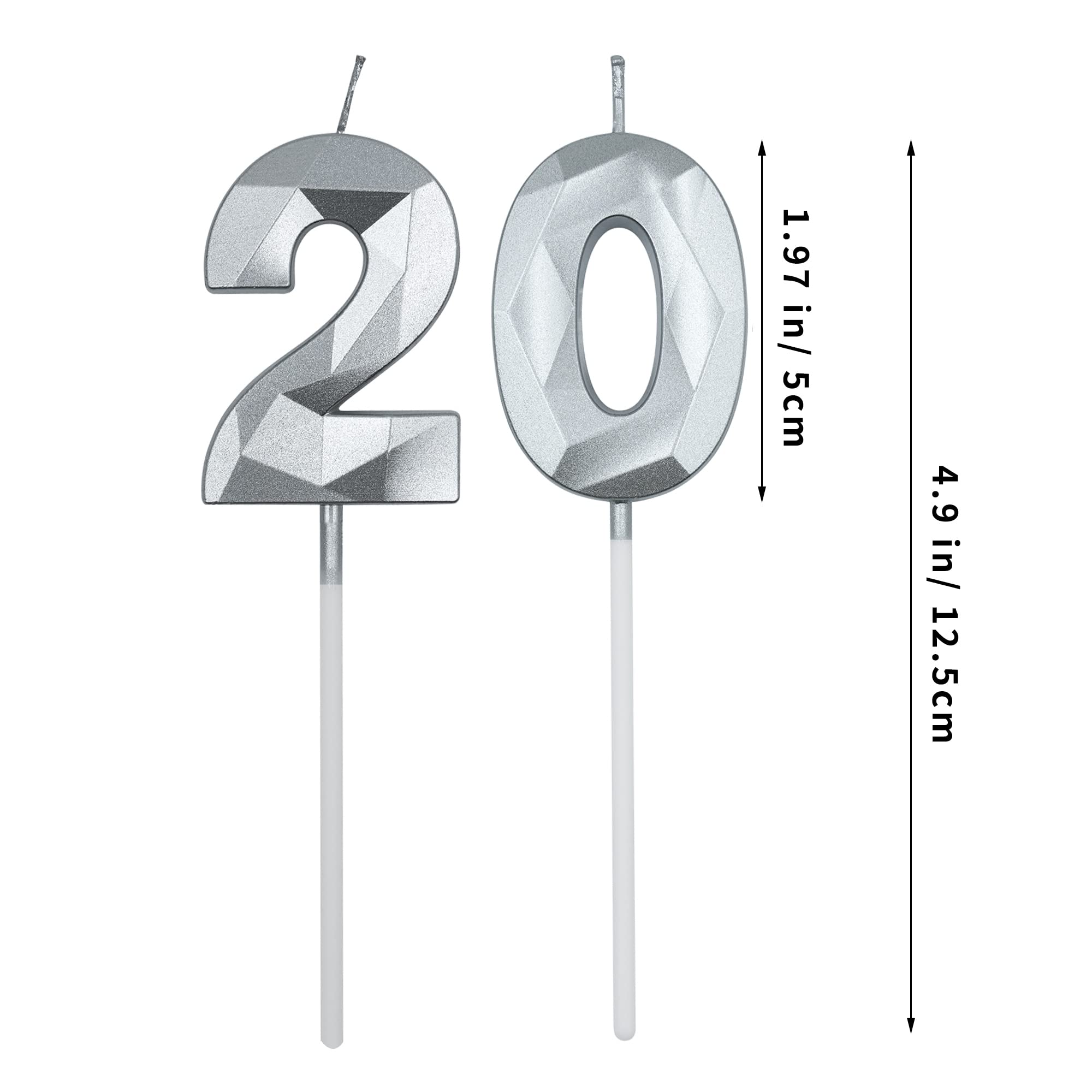 Velas de cumpleaños número 20 para tarta, número 20 plateado en forma de diamante, decoración de cumpleaños, suministros de fiesta para niñas, niños, mujeres u hombres
