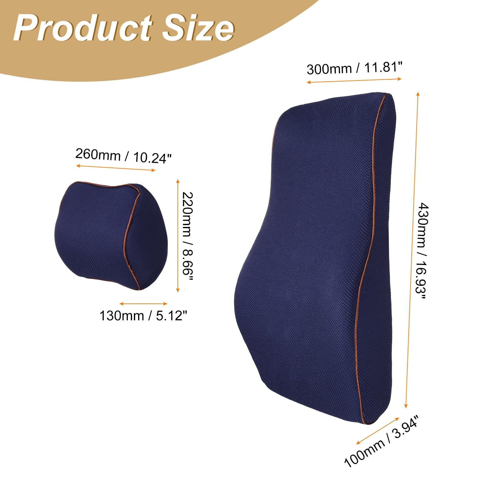 QUARKZMAN Juego De Almohada para Cabezal Y Soporte Lumbar De Coche Memory Foam Ergonomico para Asiento De Auto Y Oficina Color Azul Marino