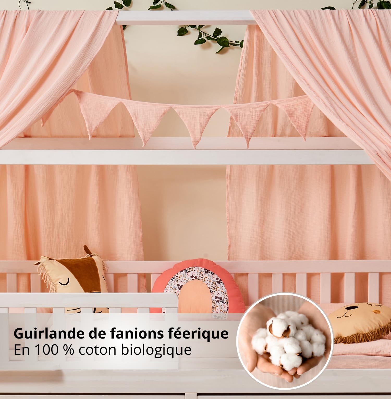 ALAVYA HOME® Ensemble de décoration pour lit Maison en 3 pièces avec 2 ciels de lit | 1 Guirlande de fanions de 300 cm de Long pour lit d'enfant | 100% Coton Muslin Biologique | Rose Clair