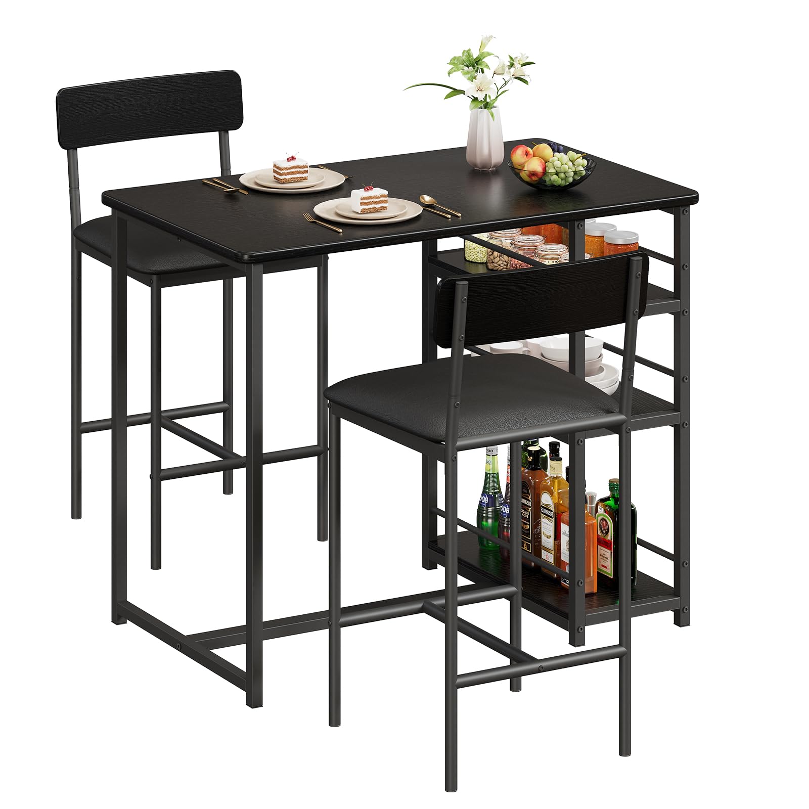 Set Tavolo da Bar con 2 Sgabelli Imbottiti e Tavolo Alto con 3 Ripiani di Stoccaggio, Set Tavolo da Cucina Salvaspazio per Piccoli Spazi, Tavolo da Pranzo per Casa, Bistrò e Monolocale, Nero