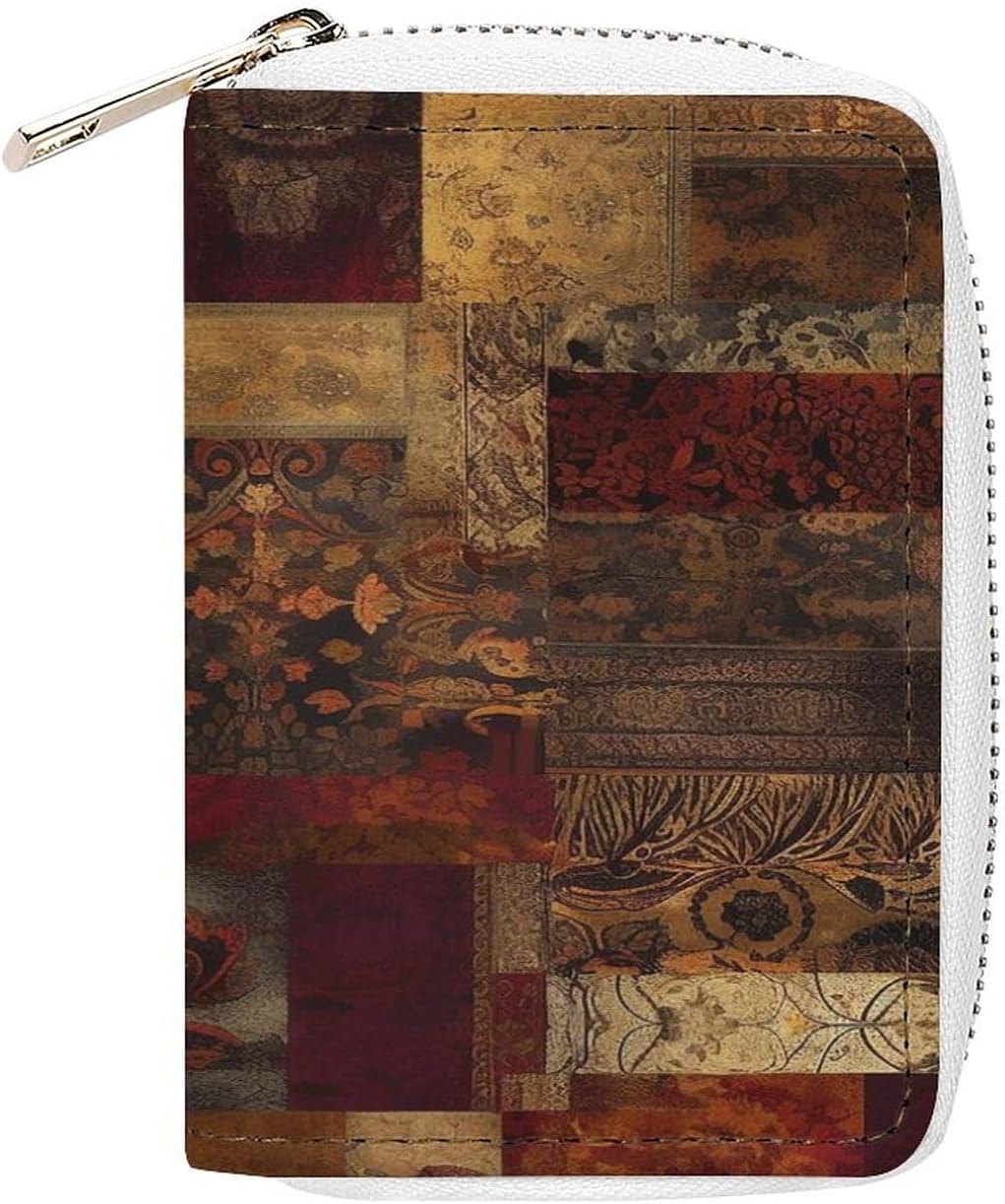 Leather Card Organizer Case Card Wallet Credit Card Holder Patchwork Pattern Printed Zipper Card Cases Holder for Women Men