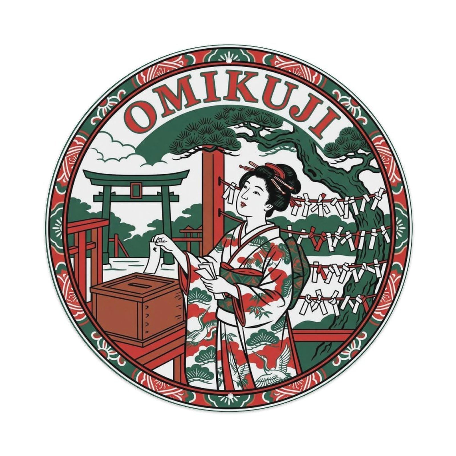 Olyhtr 8X8inch Classic Style Matsuri Omikuji Fortune Woodblock White Red Metal Tin Sign