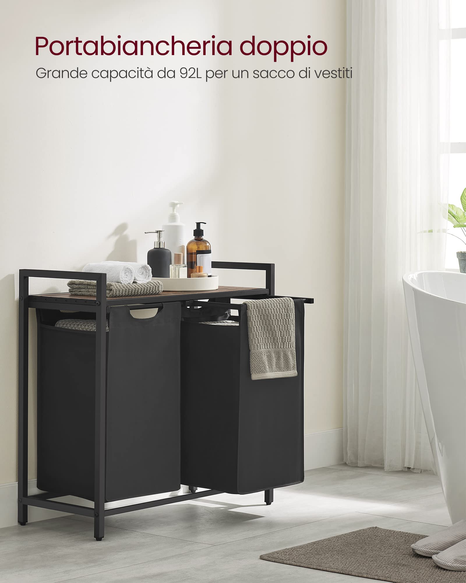 Cesto Portabiancheria BAKAJI 3 Scomparti Pieghevole - Grigio Chiaro, Tessuto E Metallo - Foto 4