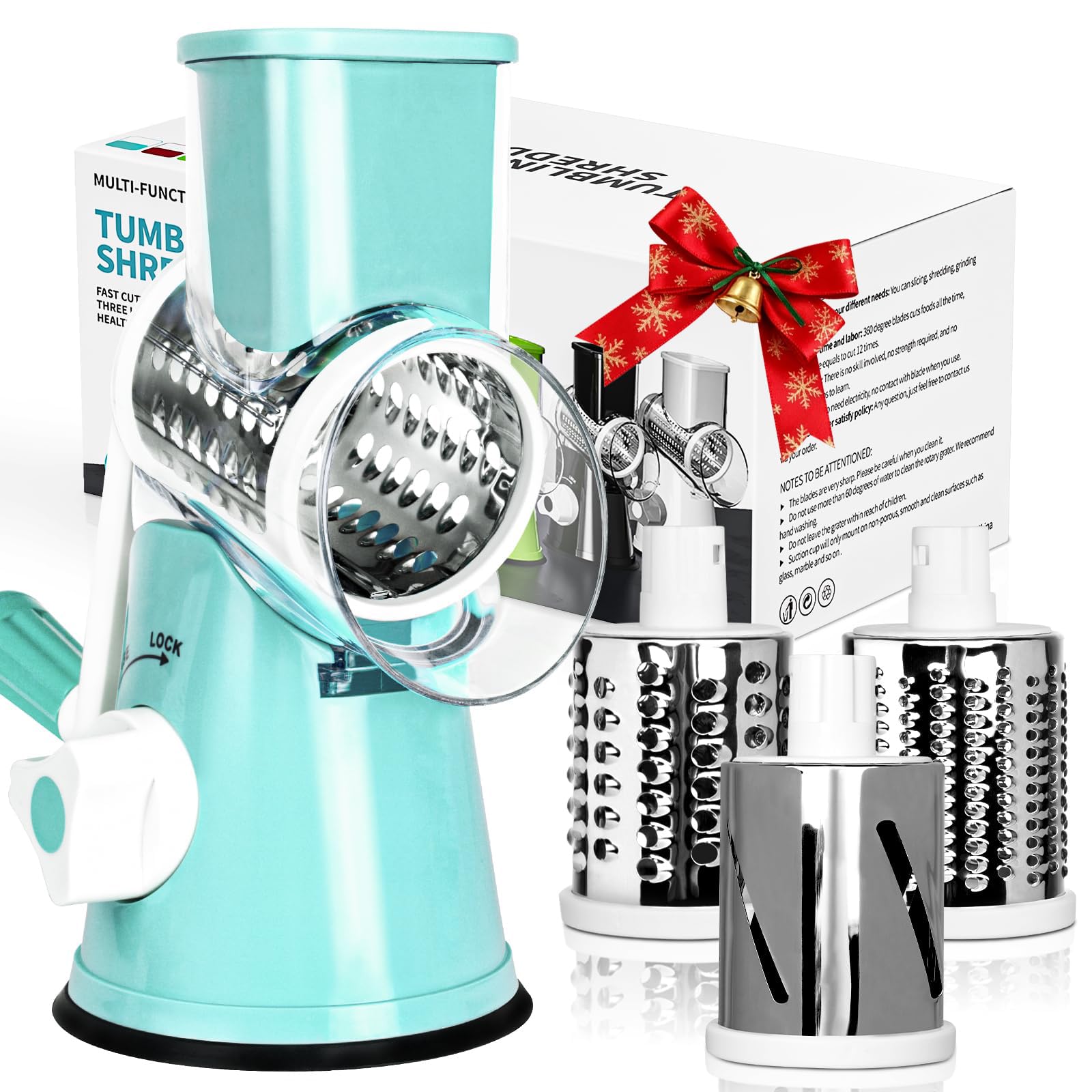 X Home Rotary Cheese Grater for Kitchen, Shredder with 3 Interchangeable Blades, Rotary Grater with Handle and Strong Suction Base, for Vegetables, Fruit, Nuts, Easy to Use and Clean, Blue