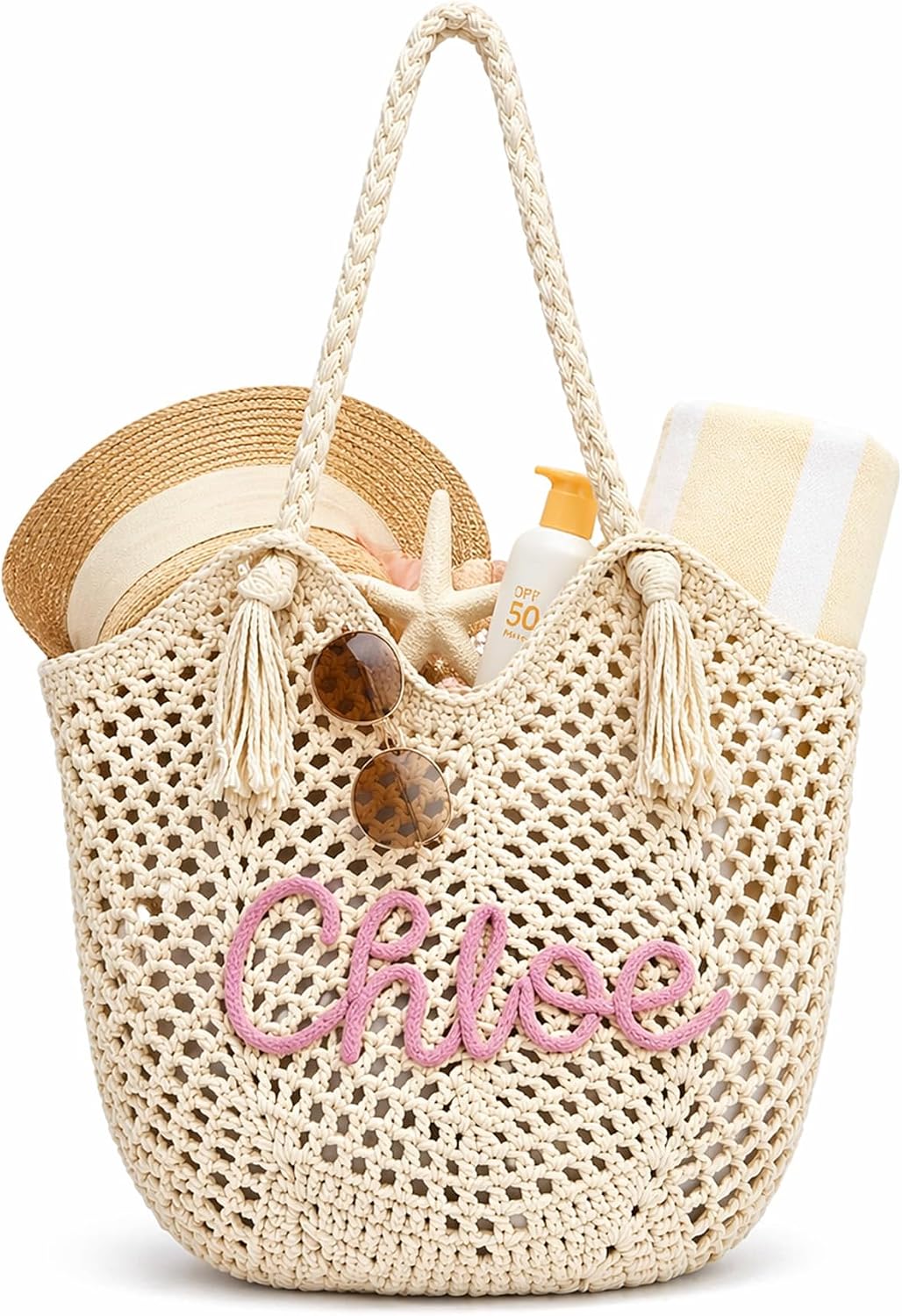 MBBEST Personalized Custom Name Crochet Beach Bag for Women, Lined Boho Woven Tote with Magnetic Snap, Lightweight Summer Vacation Handbag with Tassels