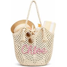 MBBEST Personalized Custom Name Crochet Beach Bag for Women, Lined Boho Woven Tote with Magnetic Snap, Lightweight Summer Vacation Handbag with Tassels
