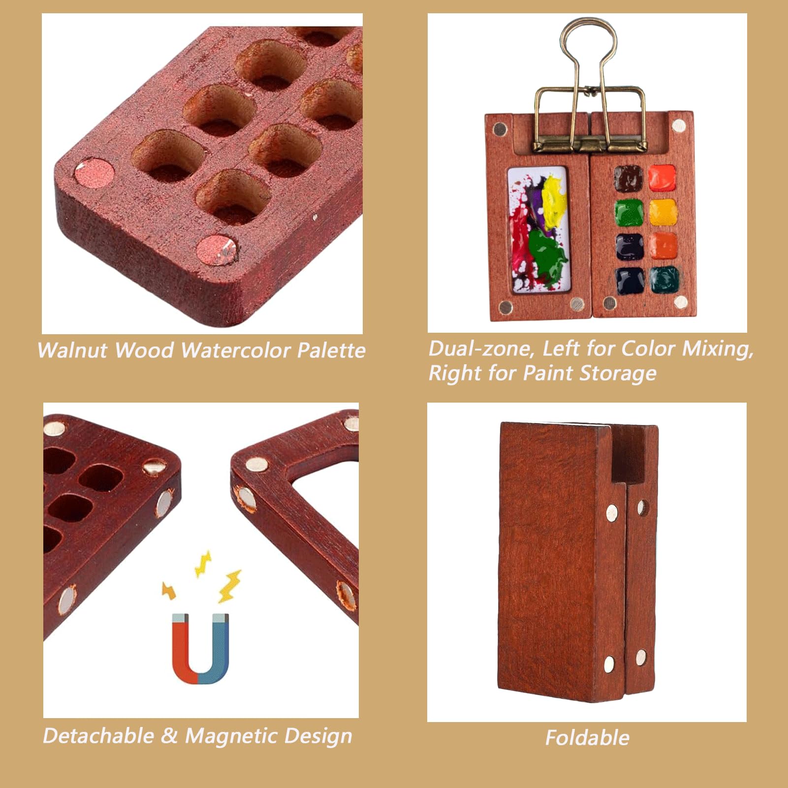 Pocket Artist - Juego de viaje de acuarela, con 1 paleta portátil de madera de nogal (8 rejillas), 12 pinturas vibrantes, 2 libros de bocetos, 5 bolígrafos de pincel, mini juego de pintura de acuarela