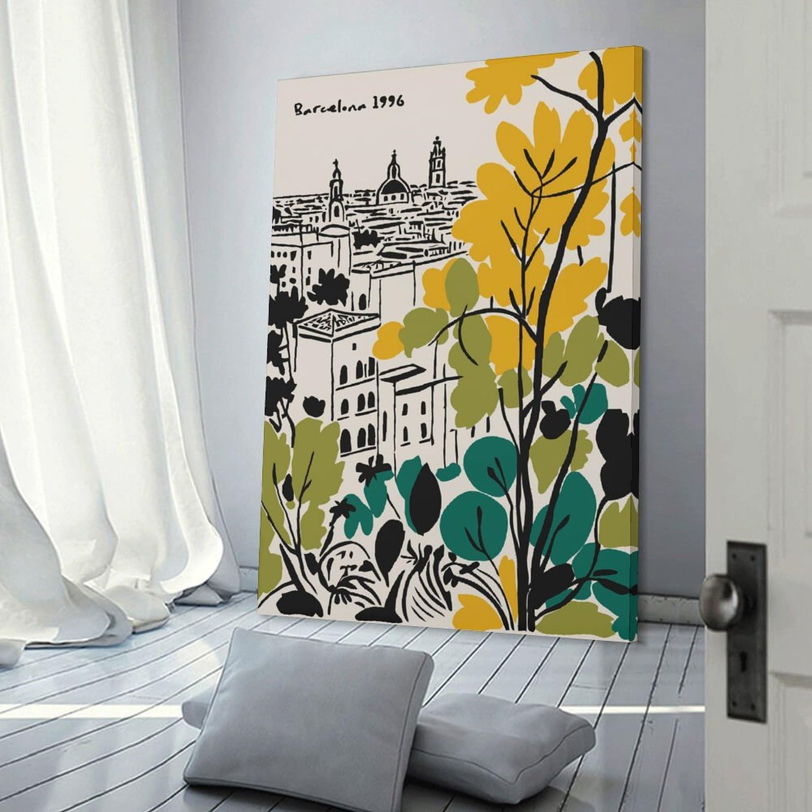 Junmoney Barcelona 1996 Cityscape Illustration Canvas Wall Art, 20x30inch(50x75cm), for Entrance Walls, Hall Decor Or Foyers, Wall Decor to Refresh Empty Corners