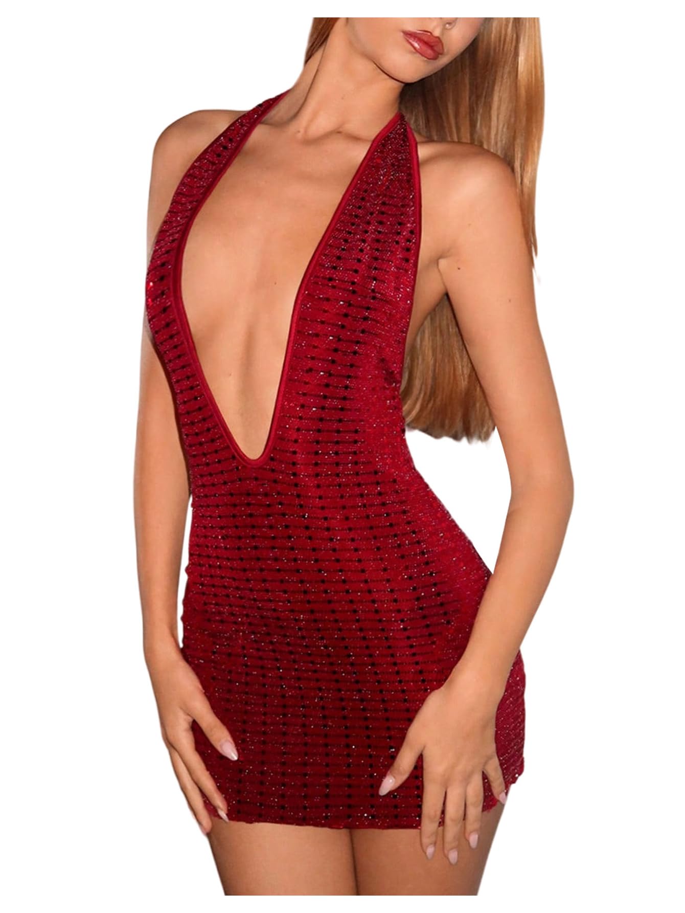 Women's Sequin Sexy Mini Dress Y2K Halter Bodycon Backless Dress Sparkly Sleeveless Night Out Party Rave Clubwear