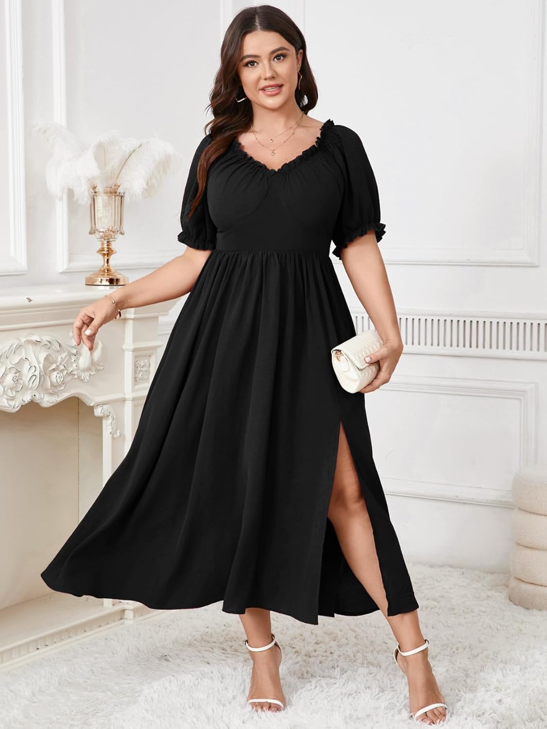 SCOMCHIC Women's Plus Size Wedding Guest Dresses Cocktail Formal Summer V Neck Puff Short Sleeve Slit A Line Maxi Dress - Image 6