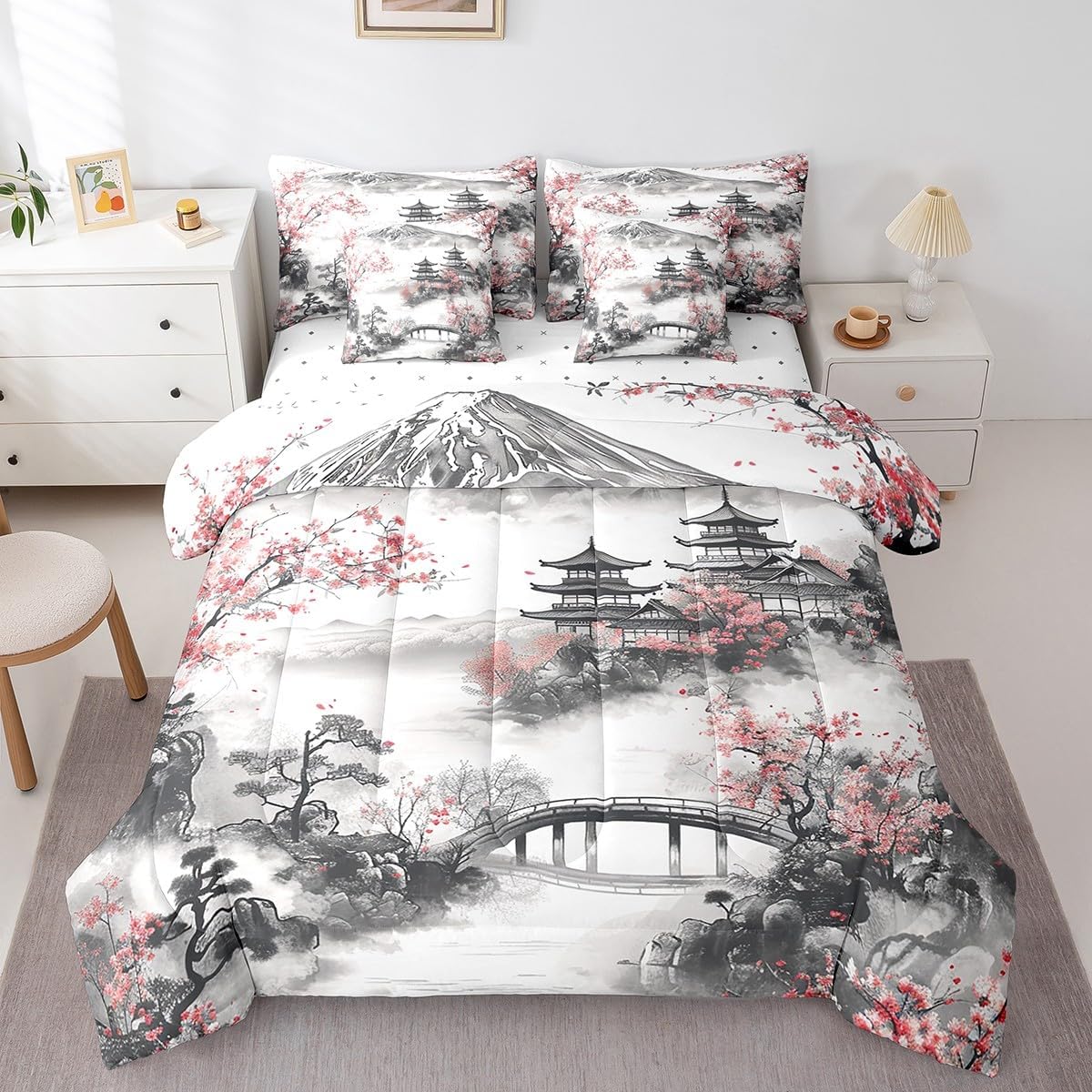 Erosebridal Japanese Comforter Set 7 Pieces Bed in A Bag Full Size, Cherry Blossoms Comforter Sakura Mount Fuji Sheet Set for Kids Girl, Vintage Ink Painting Bedding Sets for All Seasons, Reversible