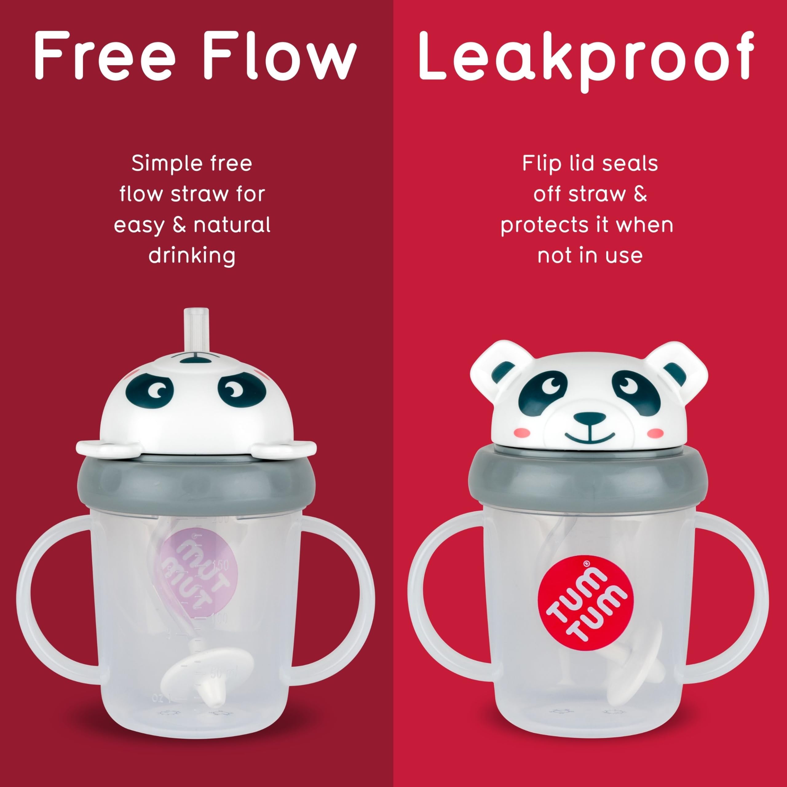 TUM TUM Tasse avec paille lestée, Tasse anti-fuite, Tasse d’Apprentissage pour Bébé, Couvercle Rabattable, Paille en Silicone (Pip le Panda 200ml)