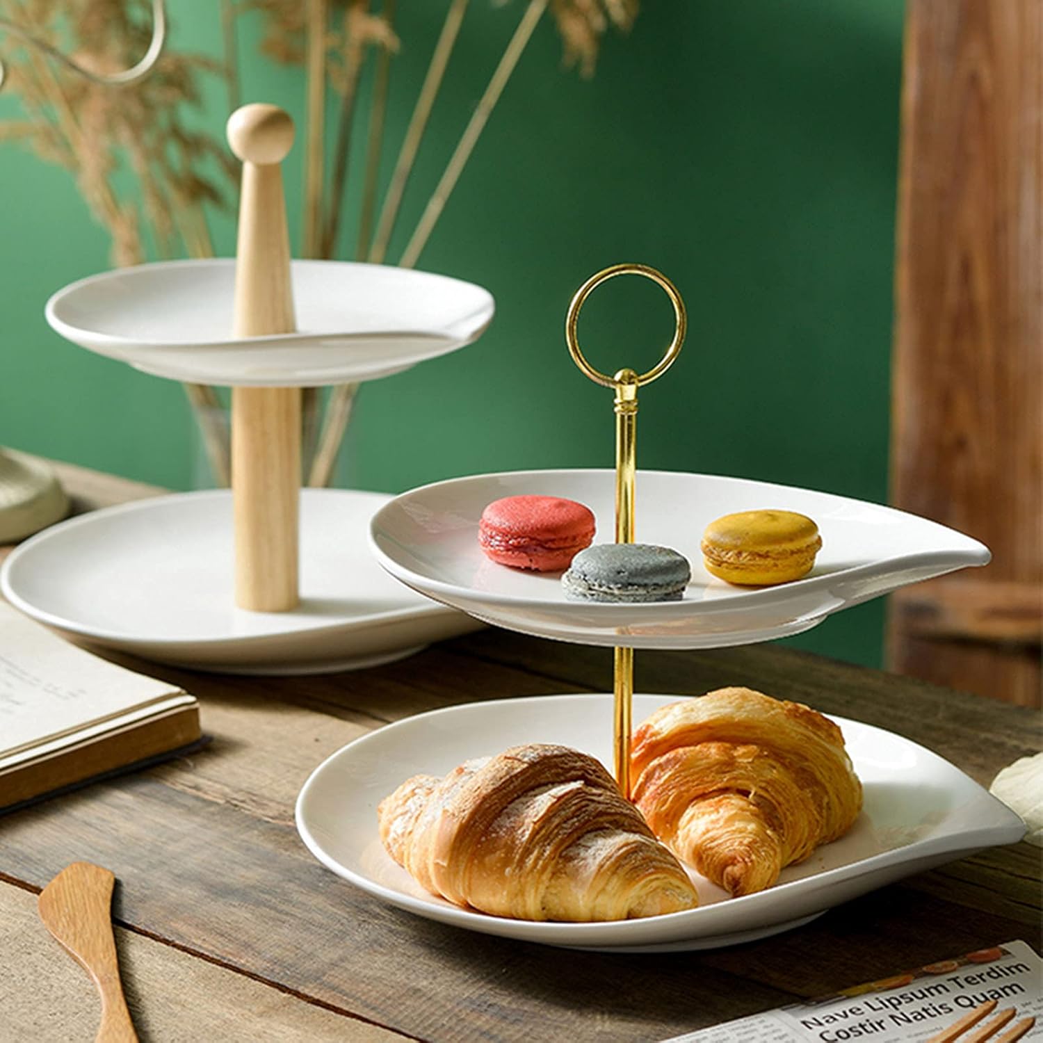 Tiered Stand Tower Dinner Plates Practical Cake Plate Serving Dishes Stands, Porcelain Serving Dishes for Hotel Restaurant Cafe, Wooden Bracket Tiered Tray Stand Dessert